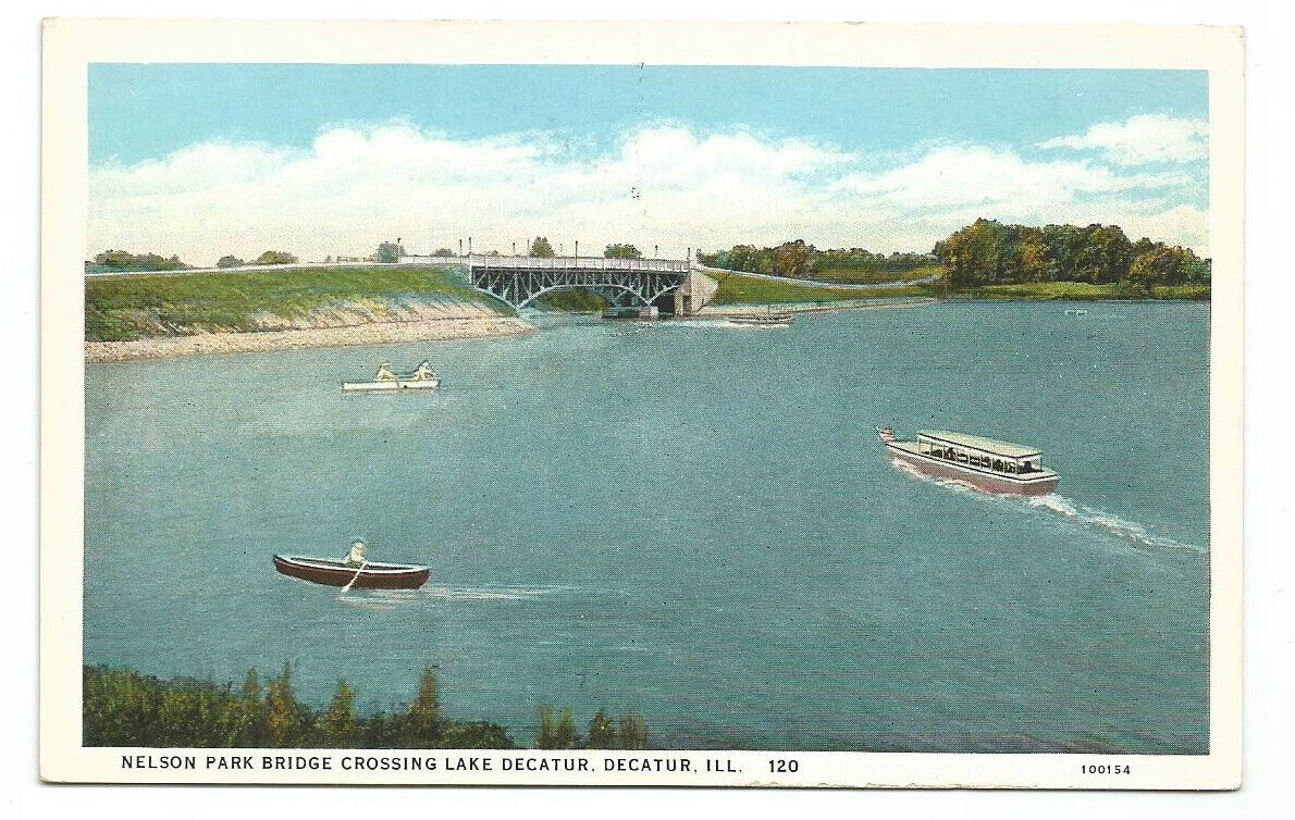 Decatur IL Postcard Illinois Nelson Park Bridge Lake Boats c1920