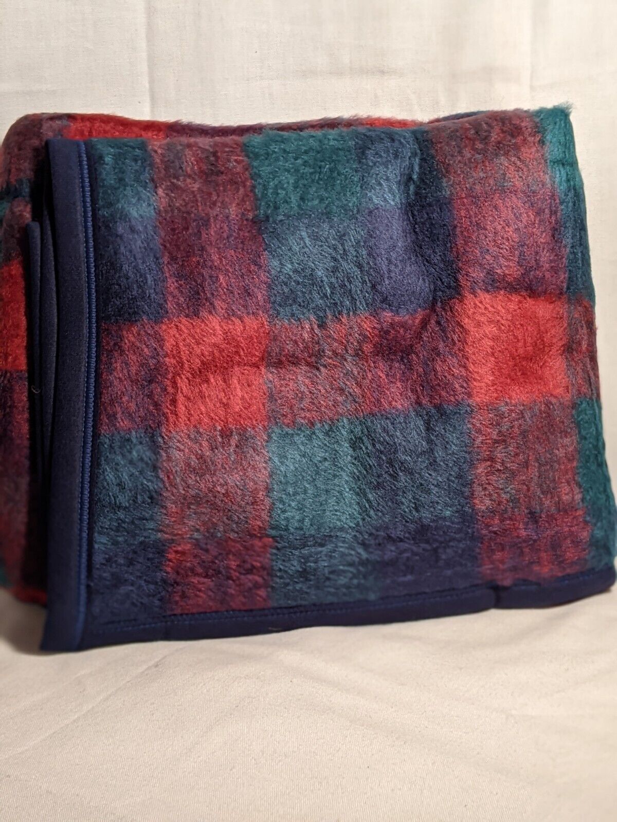 Vintage Biederlack  USA Jacqard Woven Acrylic Blanket Red/Green/Blue Lodge Plaid