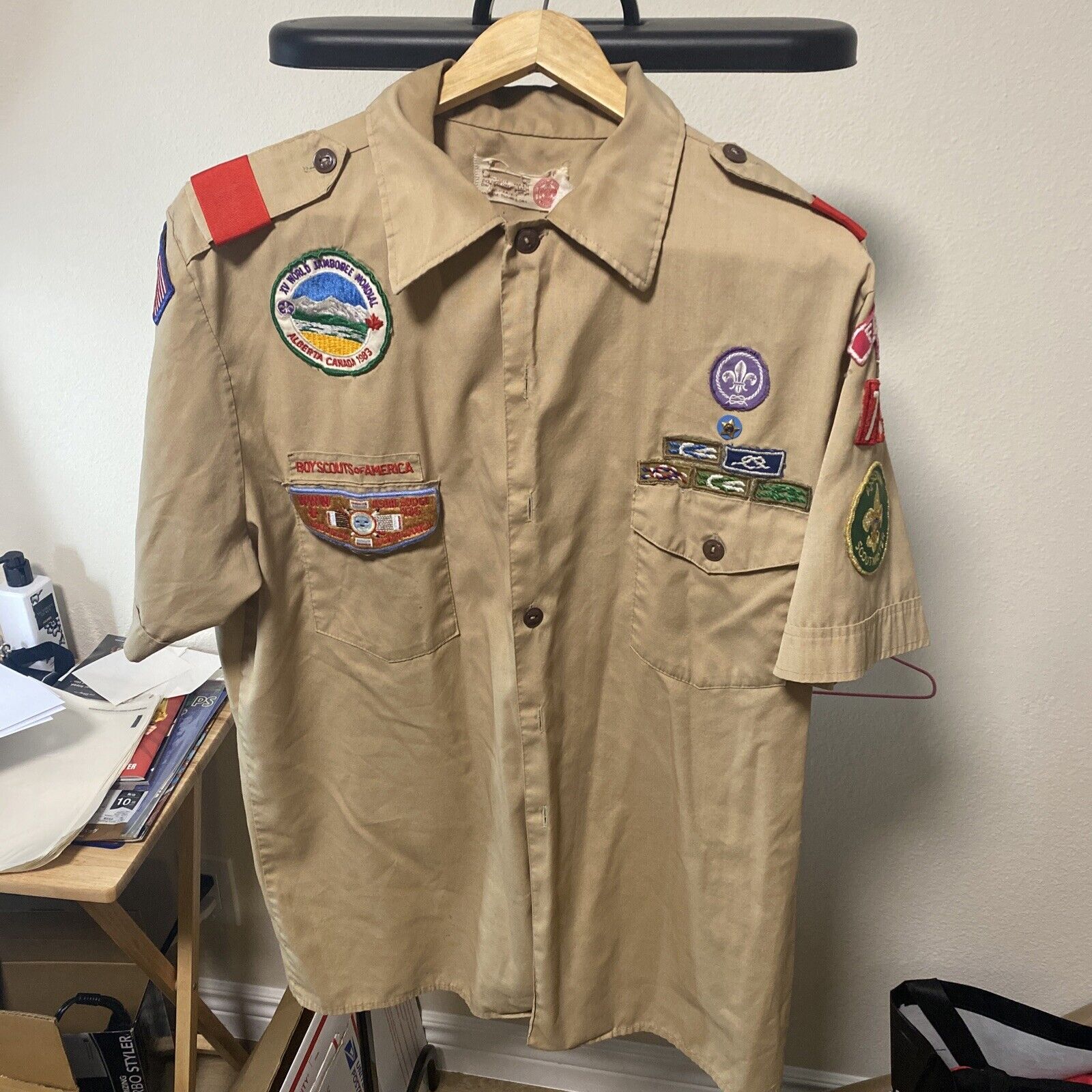 Vintage 80’s Boy Scouts of America Official Shirt With Patches And 40 Years Pin
