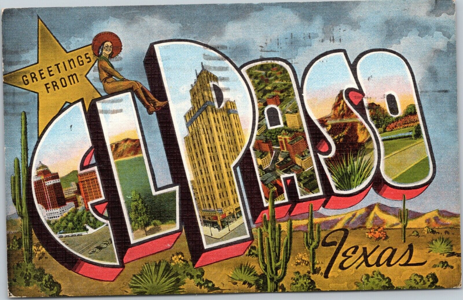 postcard large letter - Greetings from El Paso Texas   - EC Kropp posted 1954