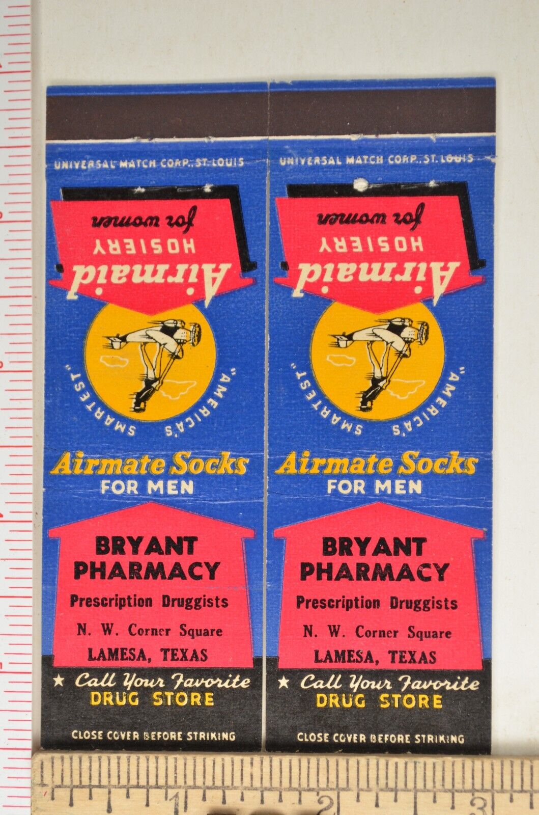 Matchbook Cover Airmaid Hosiery Airmate Socks Bryant Pharmacy Lamesa TX 50s me6