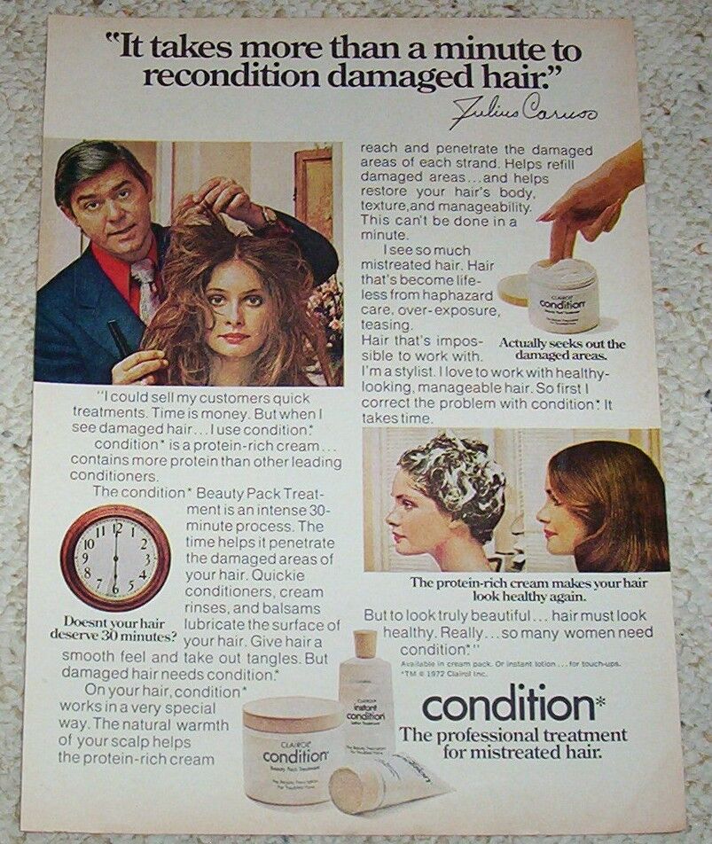1974 print ad page - Clairol Condition JULIUS CARUSO hairdresser girl hair style