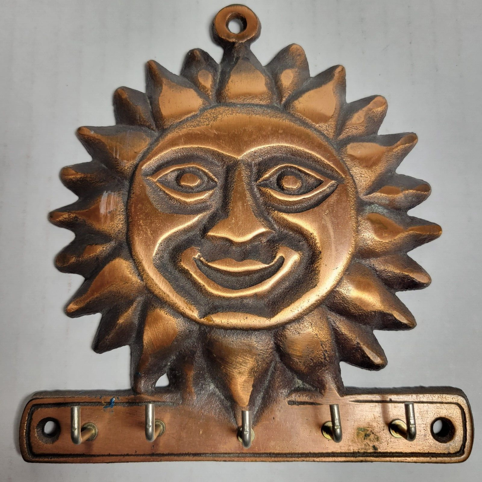 Vtg ODI Sun Celestial Wall Key Holder Hooks Cast Metal Copper Look 1991