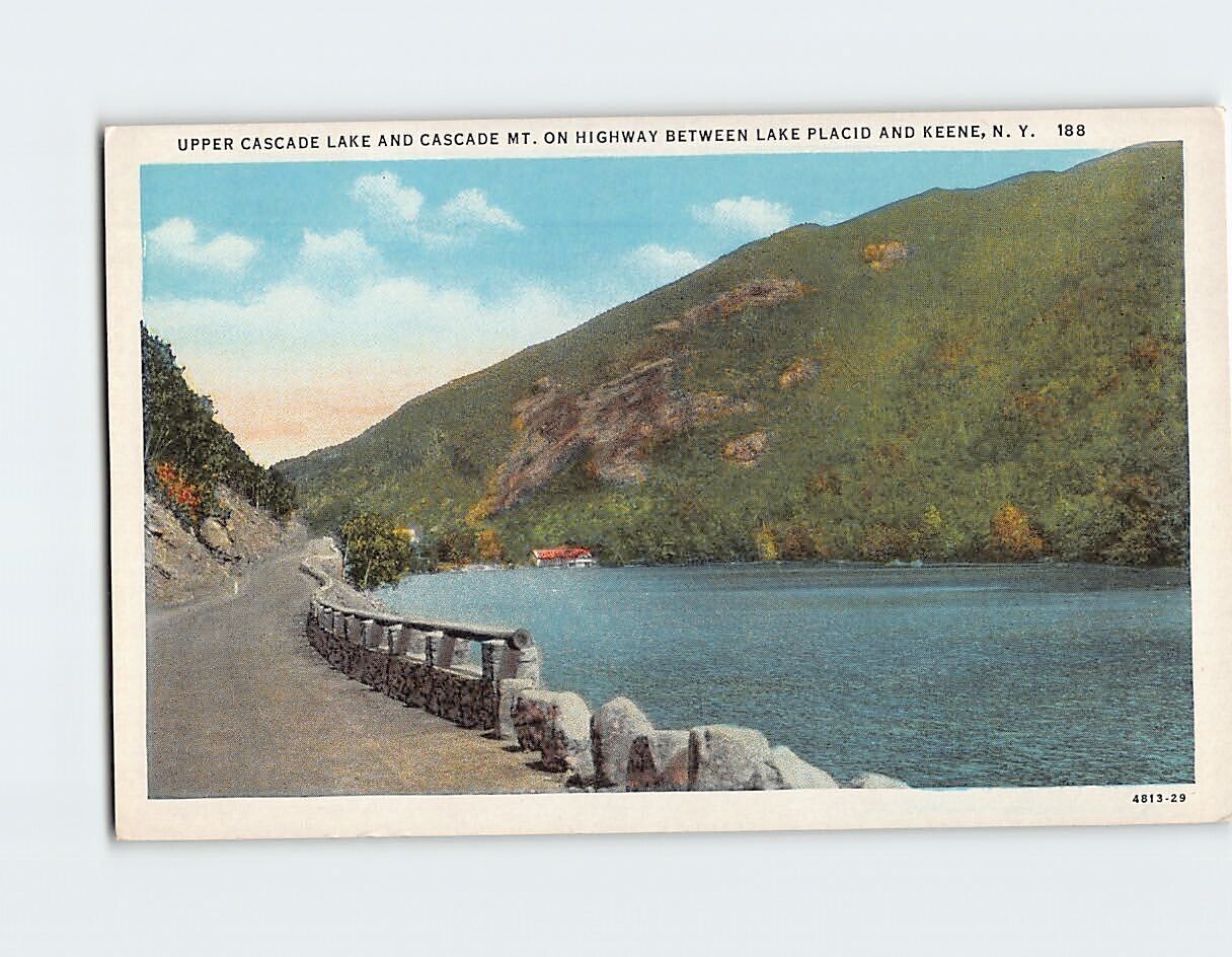 Postcard Upper Cascade Lake and Cascade Mt. on Highway New York USA
