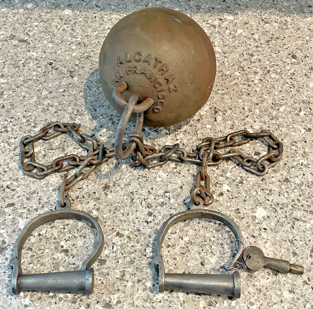 Alcatraz Ball & Chain Leg Irons Cuffs + Key Rare San Francisco Prison Artifact