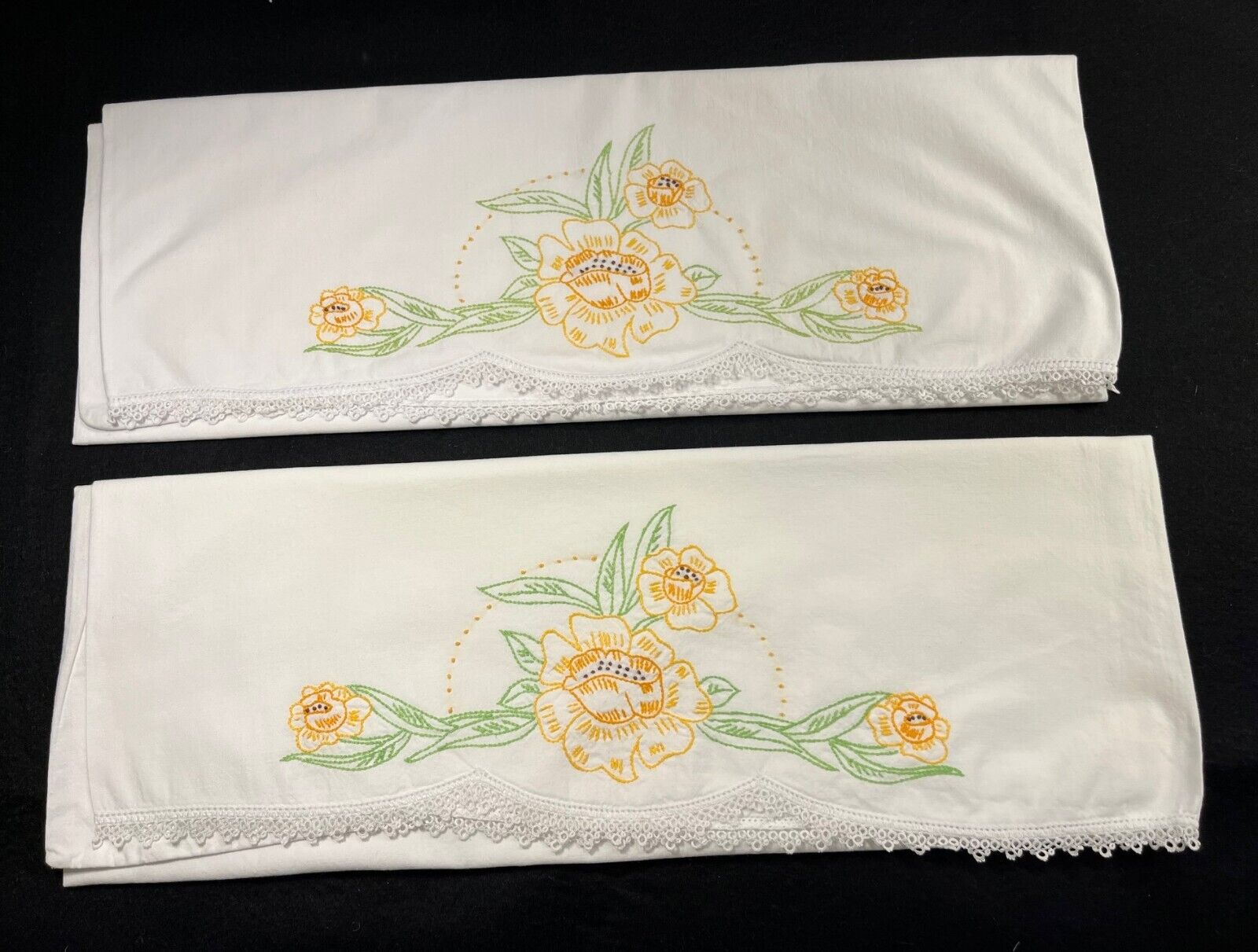 Pair of Vintage Floral Embroidered Pillowcases w/ Crocheted Edges
