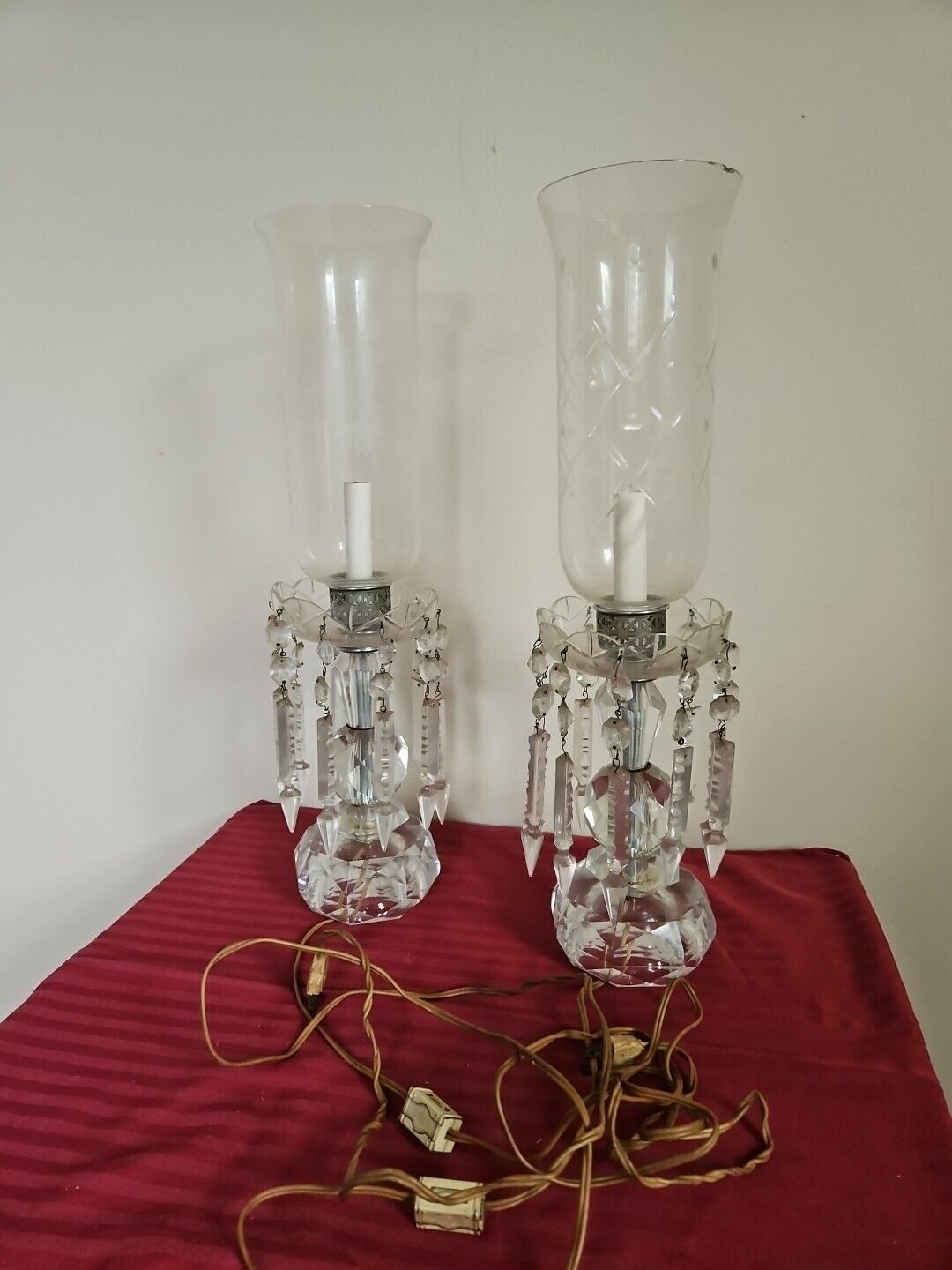 Vintage Pair Table Lamps With Large Crystal Prisms & Spears