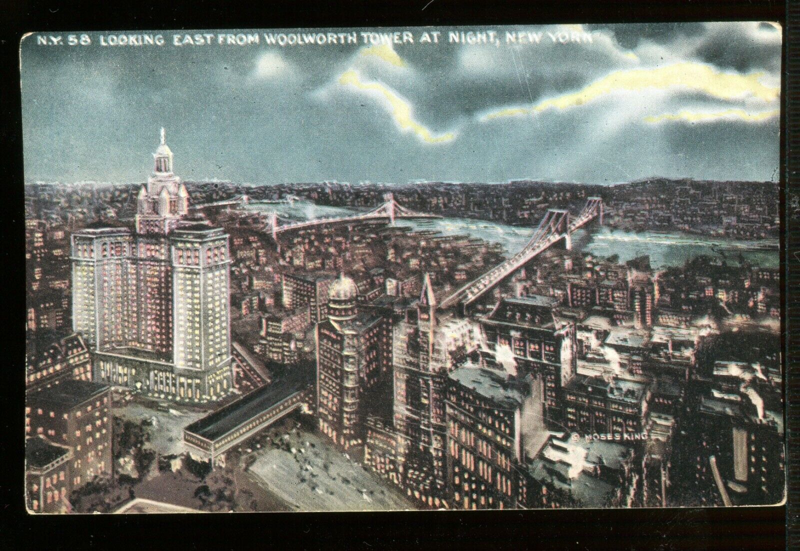 Vintage postcard N.Y. 58 LOOKING EAST FROM WOOLWORTH TOWER AT NIGHT ,NEW YORK