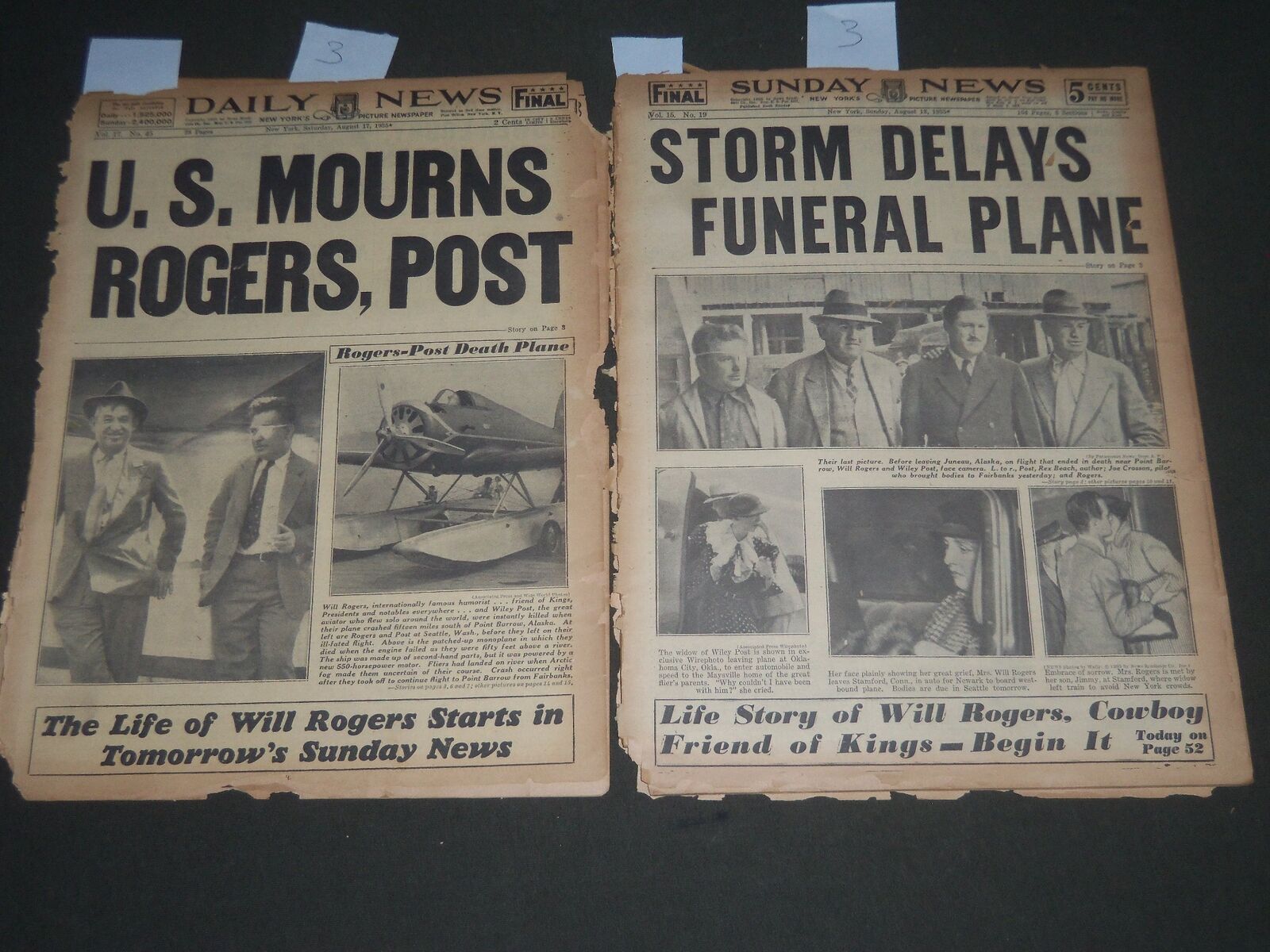 1935 AUGUST NY DAILY NEWS LOT OF 6 - WILL ROGERS - WILEY POST CRASH- NP 2705