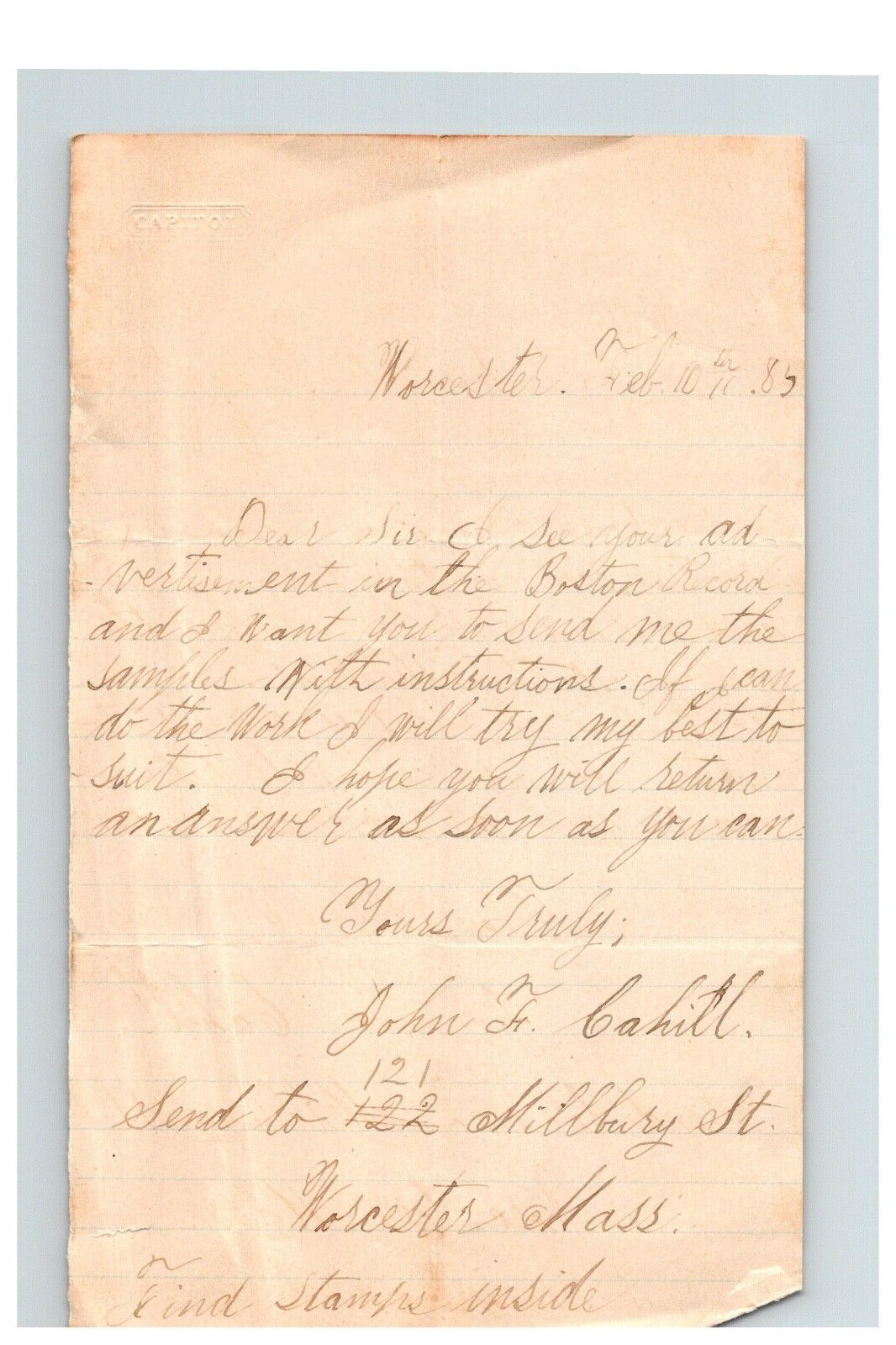 1885 Handwritten Letter John F Cahill Worcester MA Massachusetts Stamped Capitol