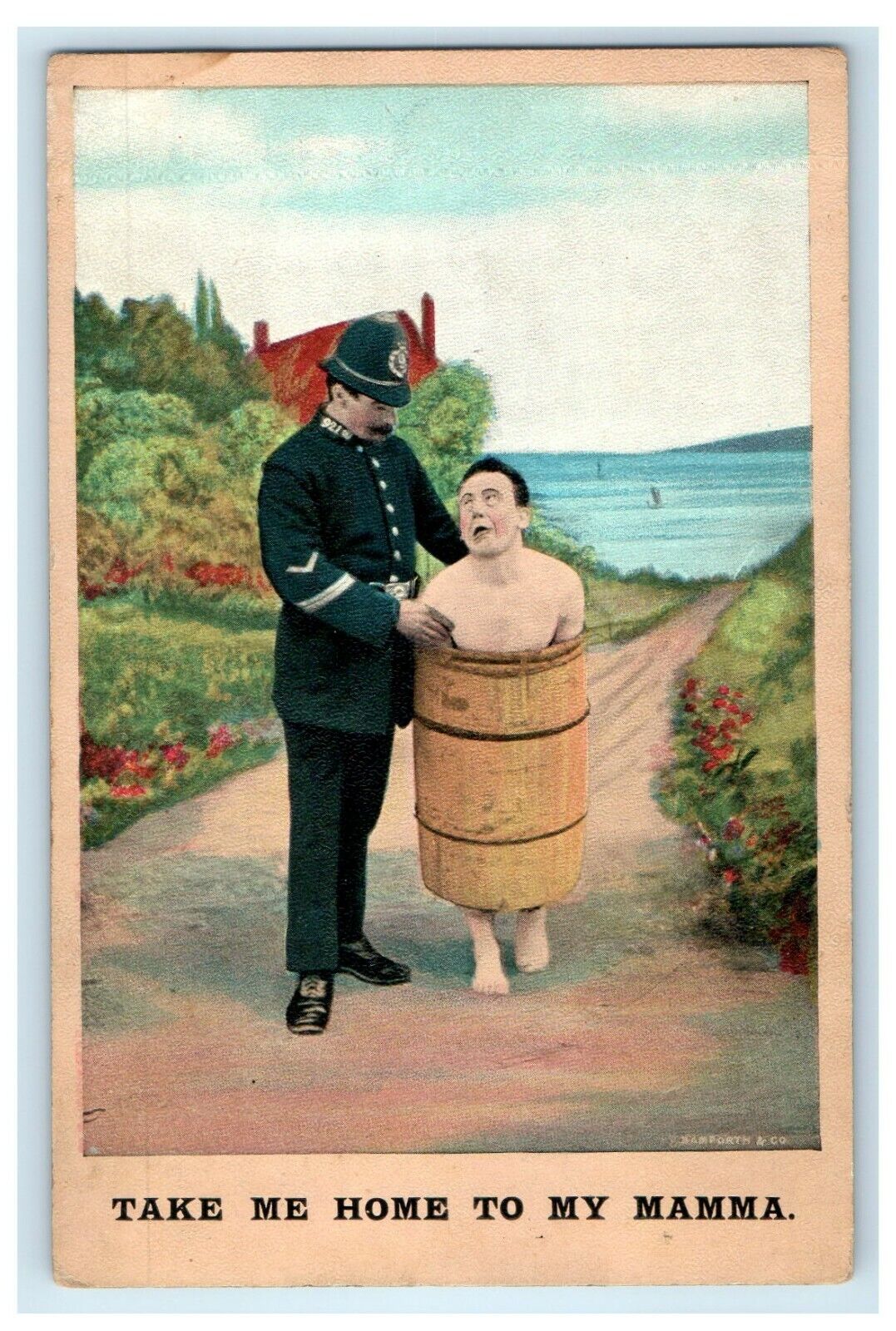 1910 Man Barrel Take Me Home Mama Policeman Boy Arrested Bamforth Humor Postcard
