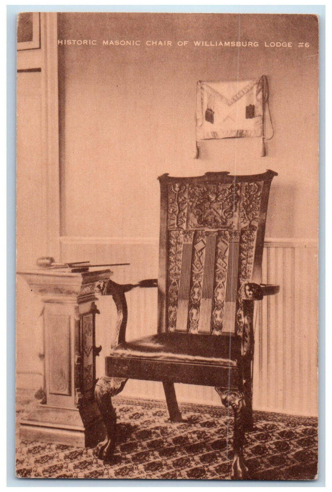 c1940\'s Historic Masonic Chair of Williamsburg Lodge Virginia VA Postcard