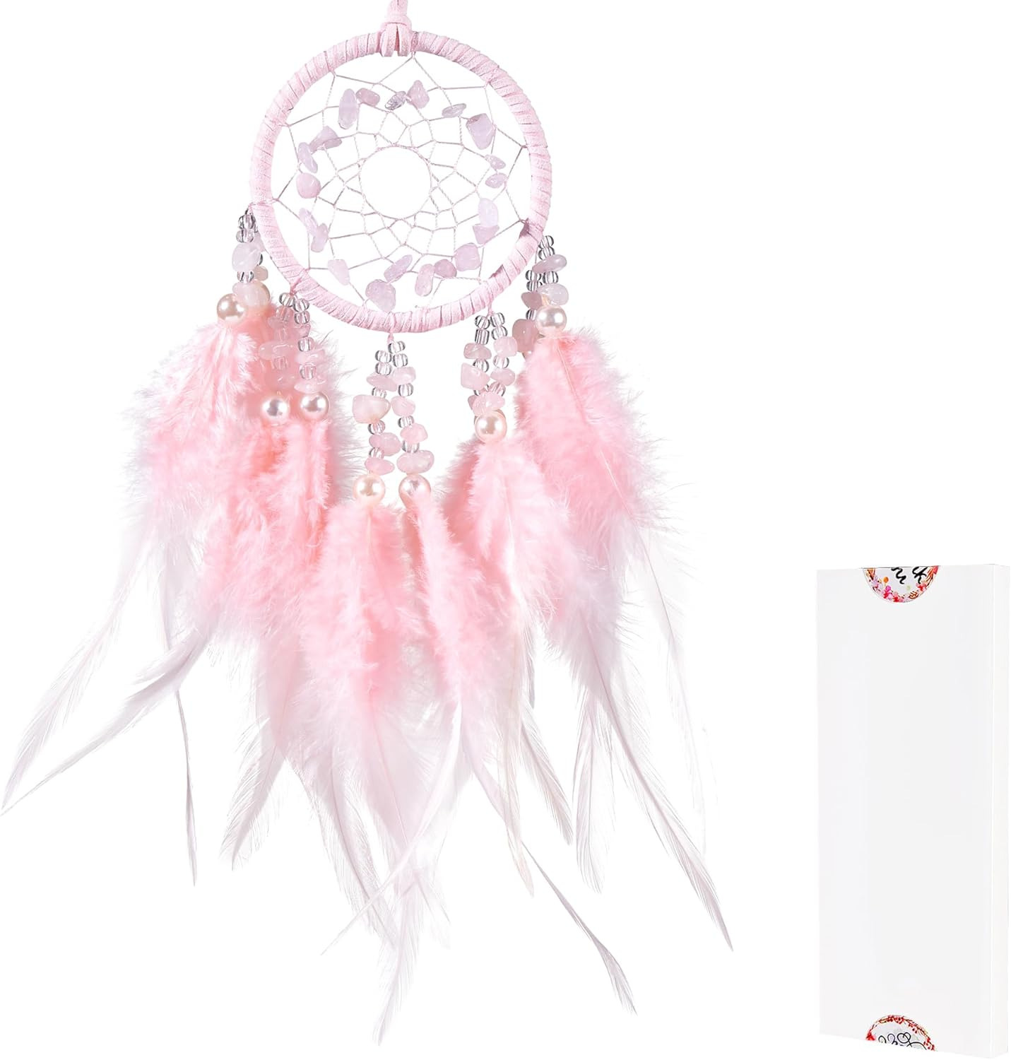Mini Dream Catchers Rooster Feather w/ Rose Crystal Handmade Small Dreamcatcher