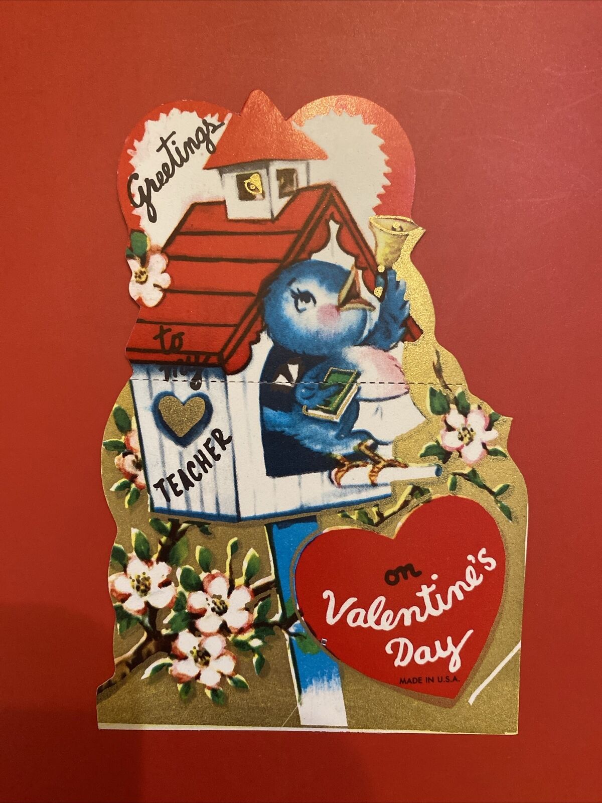 VTG Teacher’s Valentine Card- Bluebird School Birdhouse Flowers Tree Bell Book