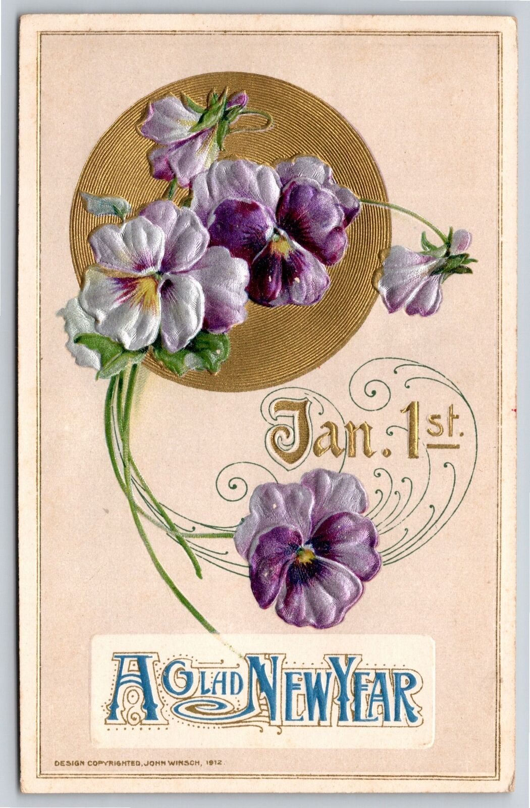 Glad New Year~Gold Jan 1st~Purple Lavender Pansies~Emb~John Winsch~1912 Postcard
