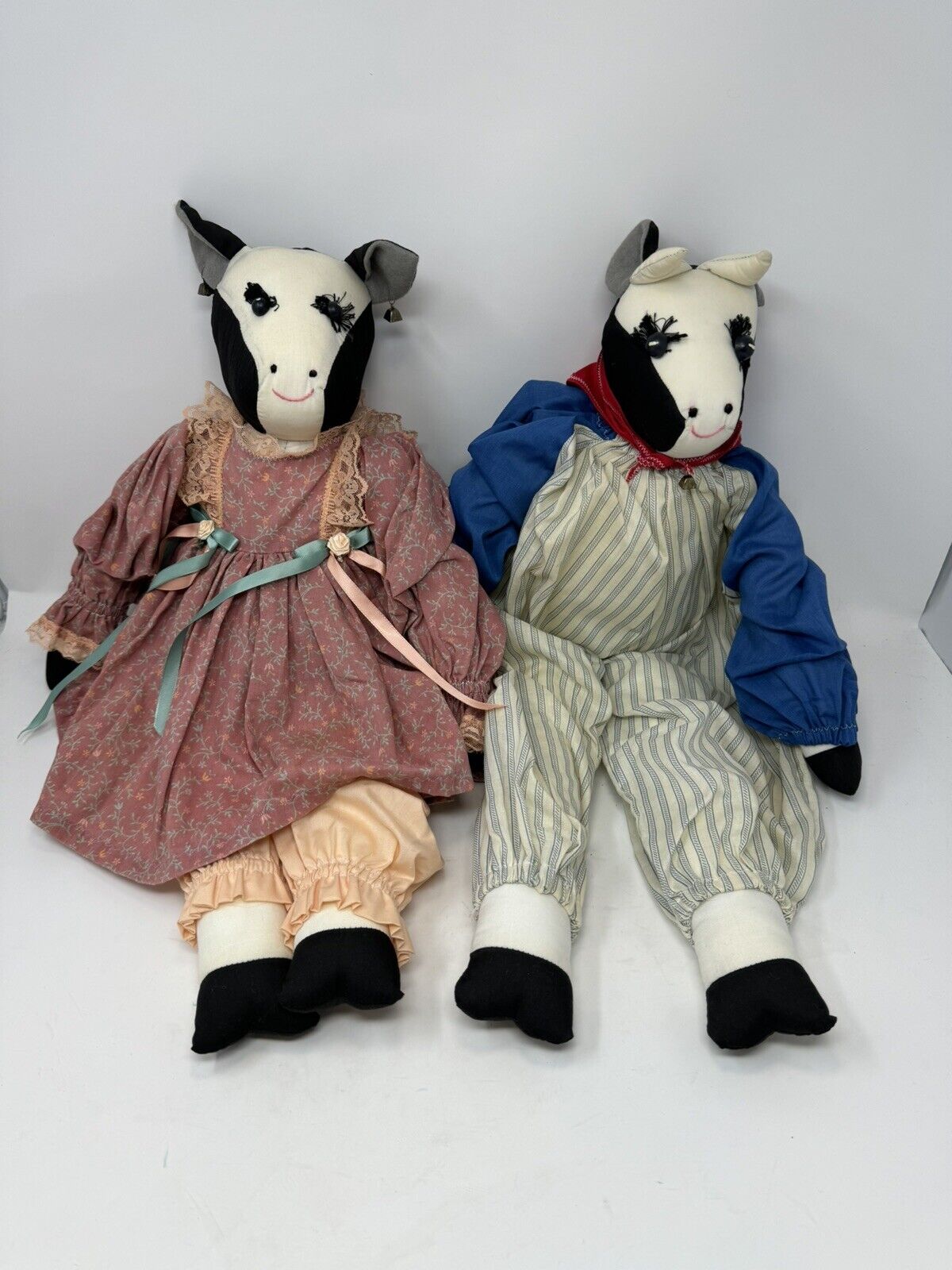 COWS DOLL FOLK ART Sitting Cloth Plush COUNTRY Handmade 22” Vintage Stuffed Toy