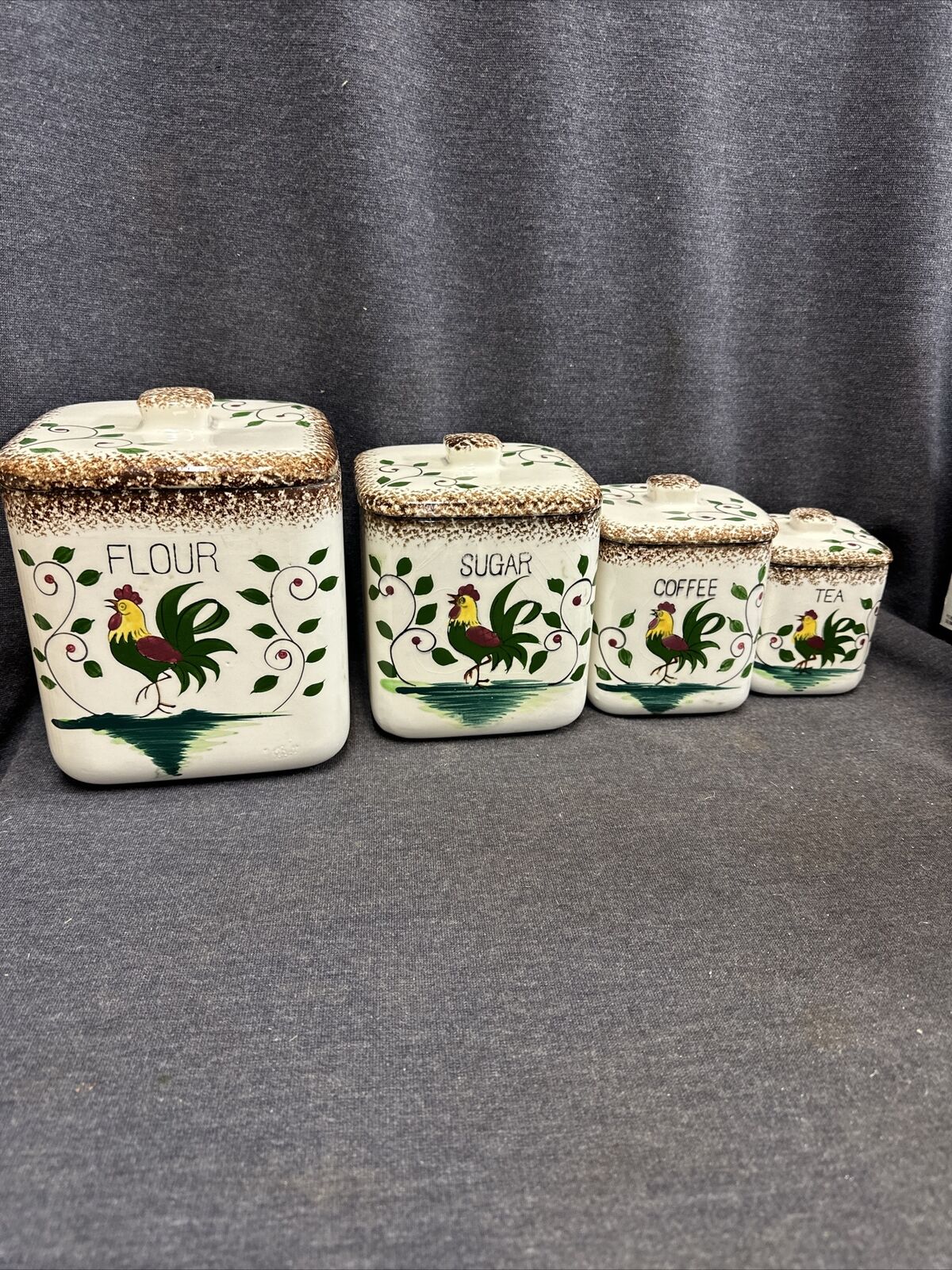 Napco Ceramic Rooster Canister Flour -Sugar -Coffee- Tea Set - Vintage 1960’s