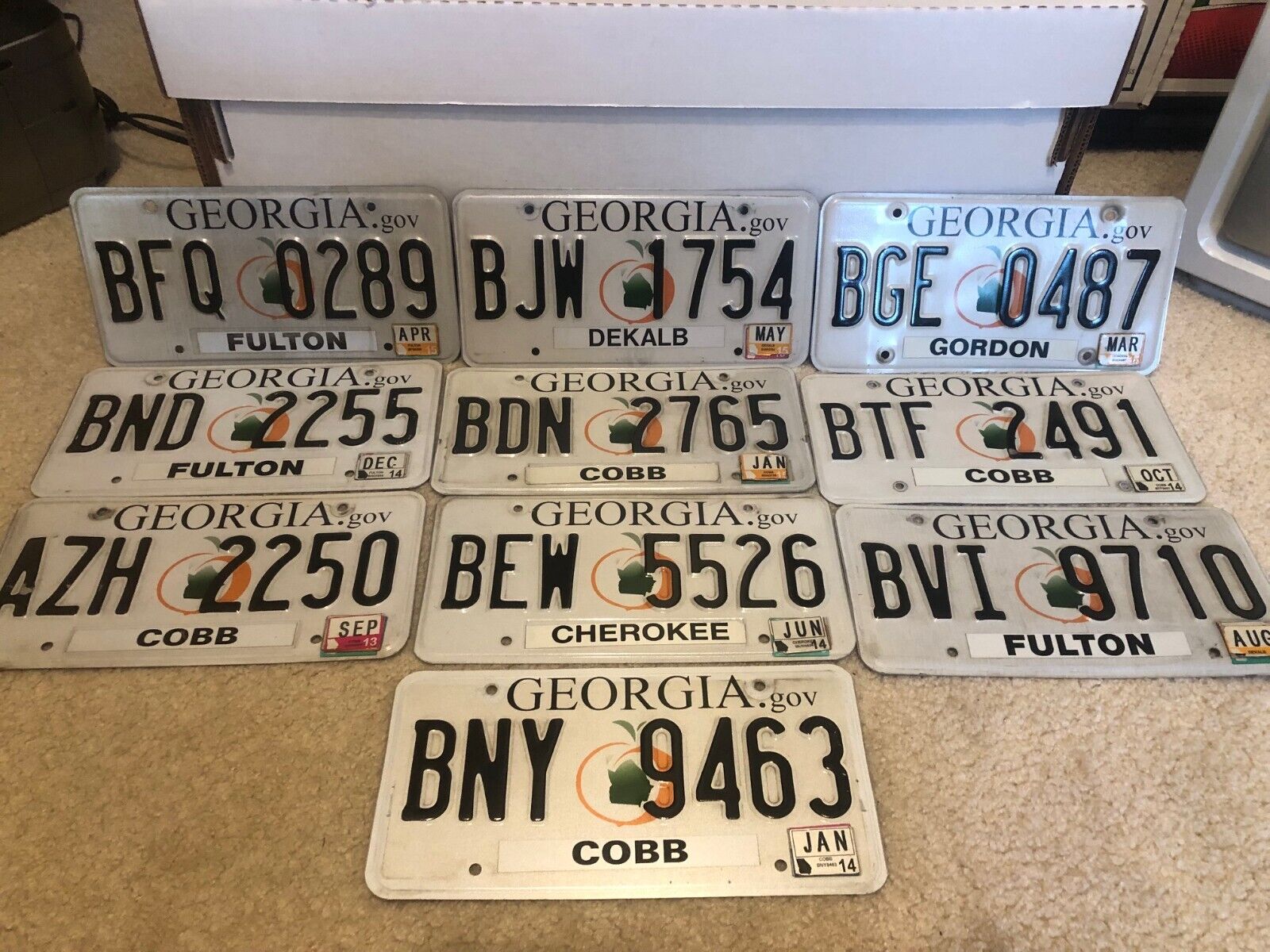 10 GEORGIA LICENSE PLATES  White, state in peach. Various counties, '13-15