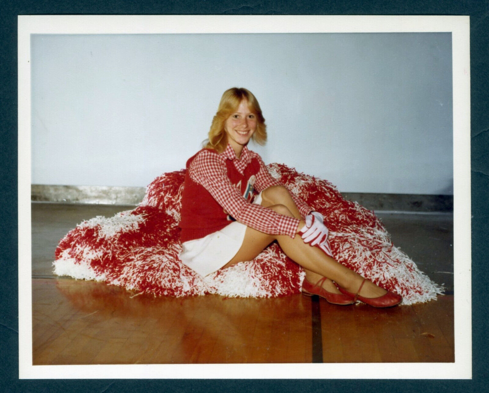 Vintage Teen Girl Cheerleader Sitting on Pom, Poms 1970's-Original Snapshot