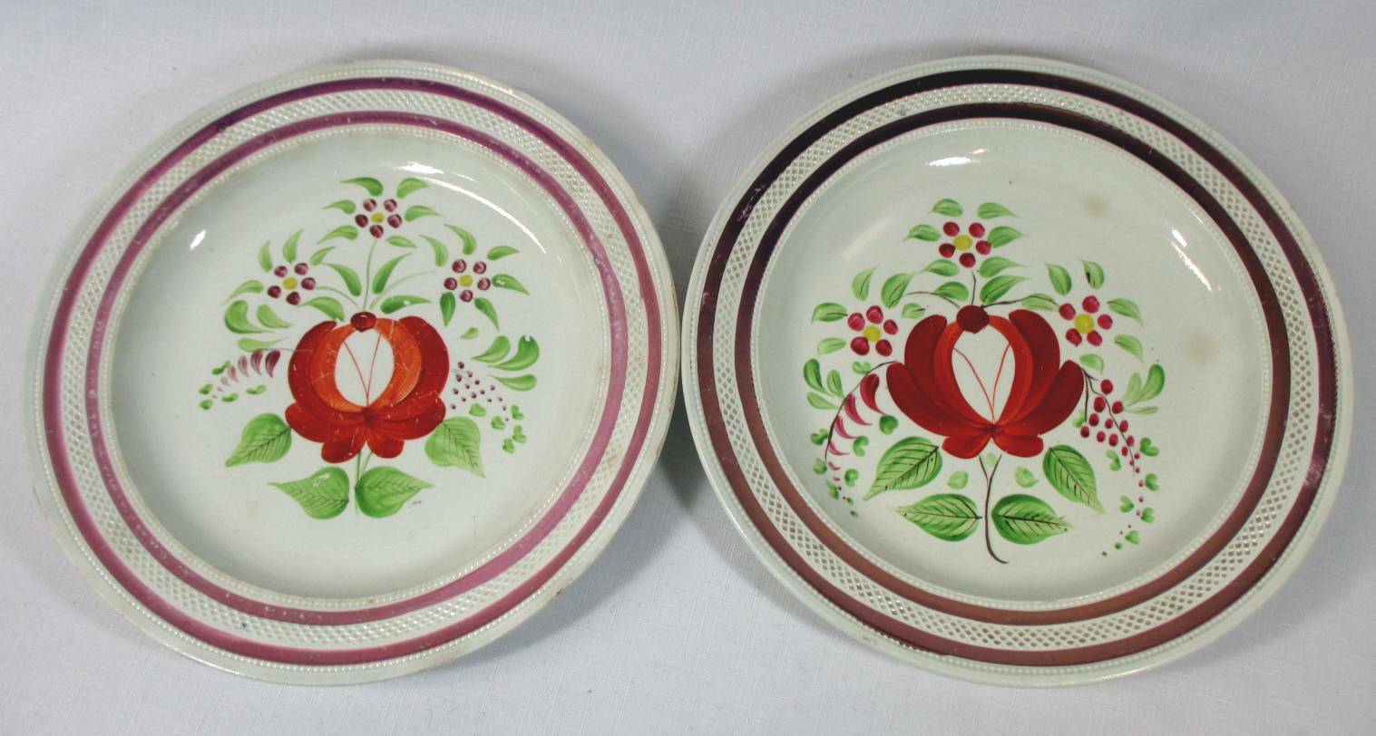 PAIR STAFFORDSHIRE SOFT PASTE PINK LUSTER HAND-PAINTED DINNER PLATES