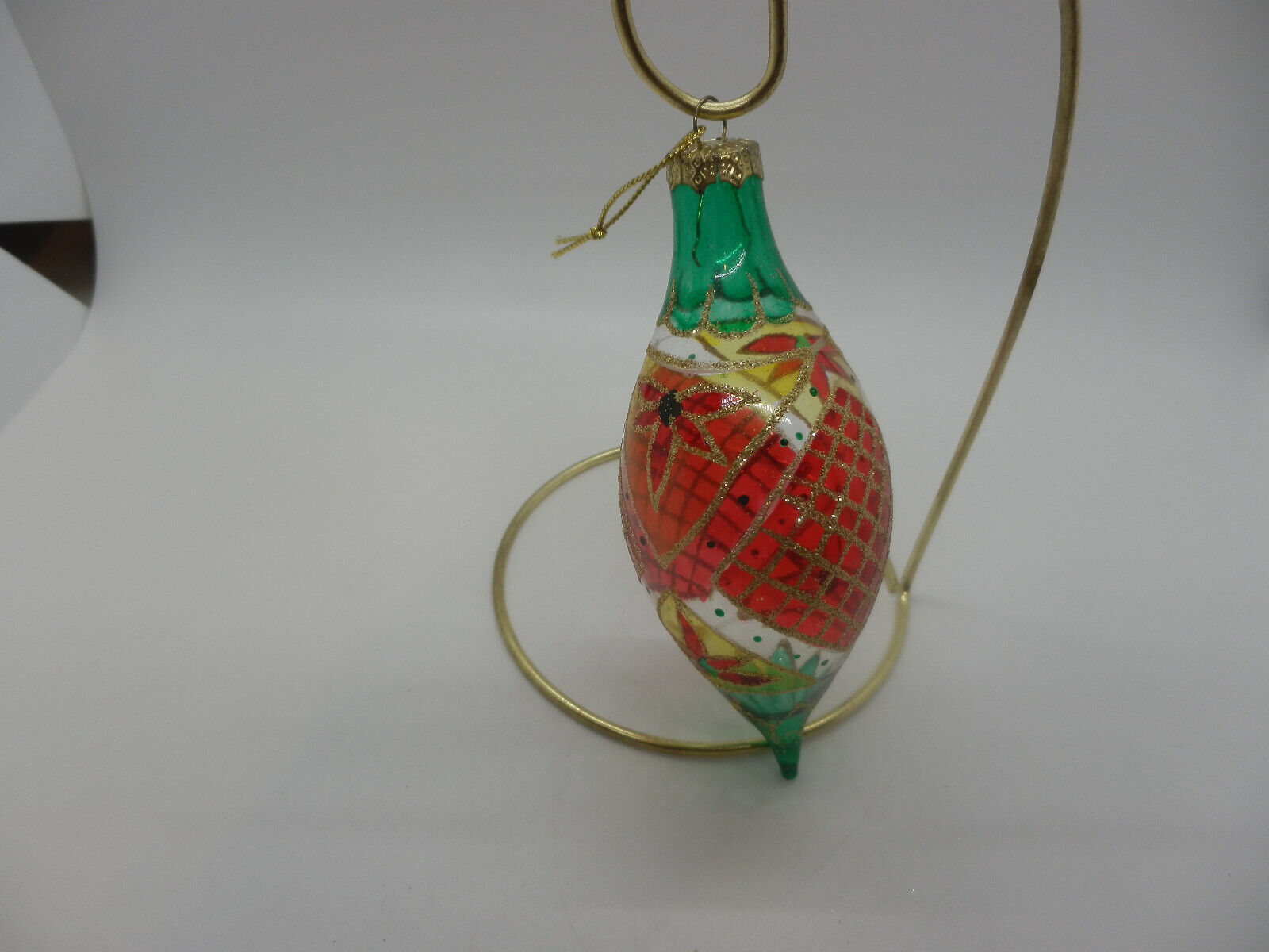Vintage Christmas Ornament Teardrop Blown Glass Red/Green/Gold/Glitter Trim