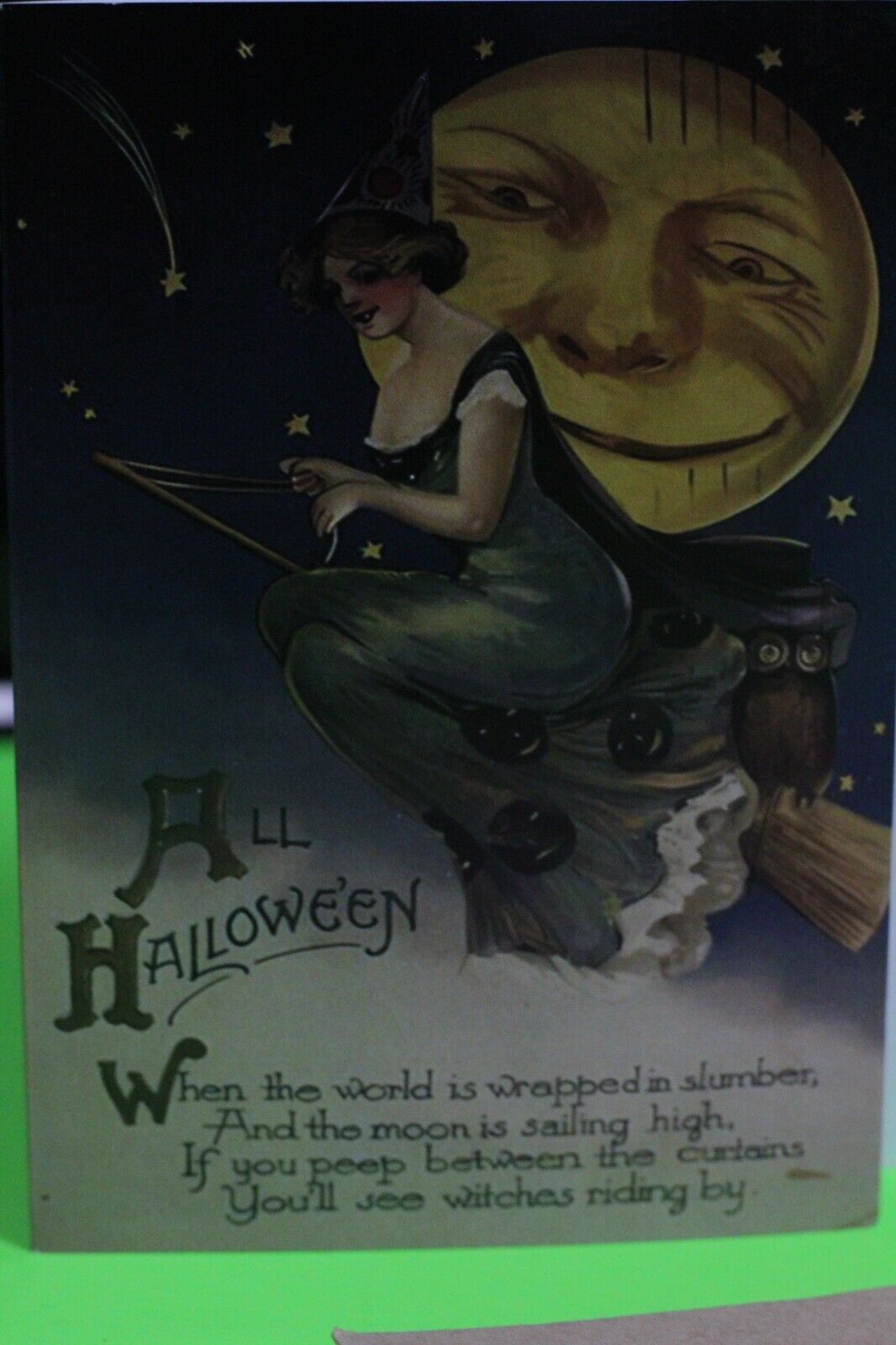 HALLOWEEN ~ 3 Vintage-STYLE Greeting Cards lot WITCH MOON CAT