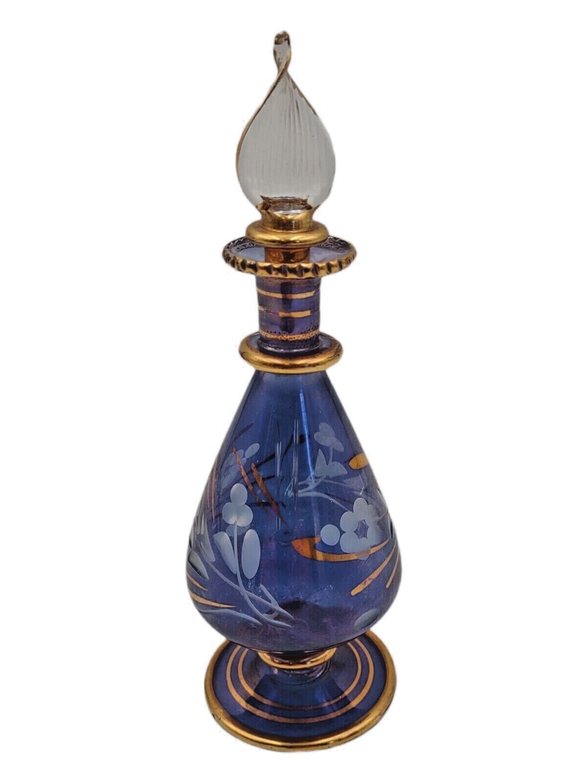 VTG Blue Etched Floral Design gold Trim Egyptian EMPTY  Perfume Bottle 6\