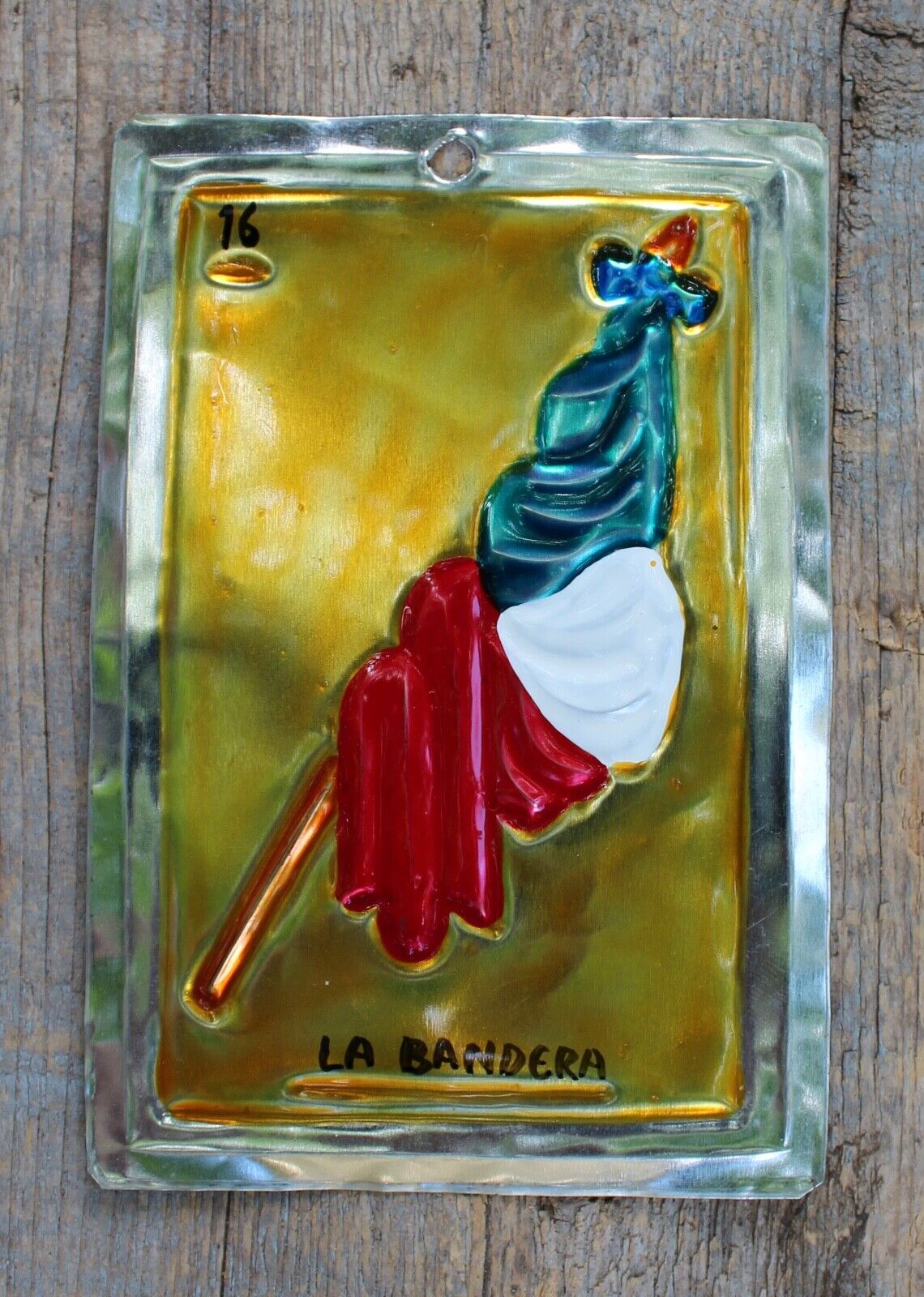 Tin Loteria Card #16 La Bandera The Flag Mexican Folk Art Handmade Oaxaca Mexico