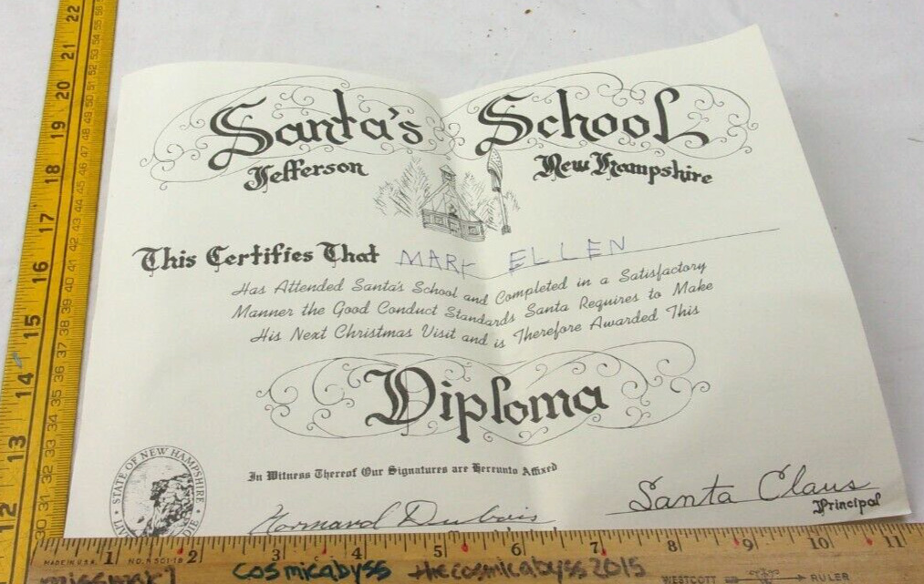 Santa\'s Village School Diploma Jefferson New Hampshire 1960s VINTAGE Claus d