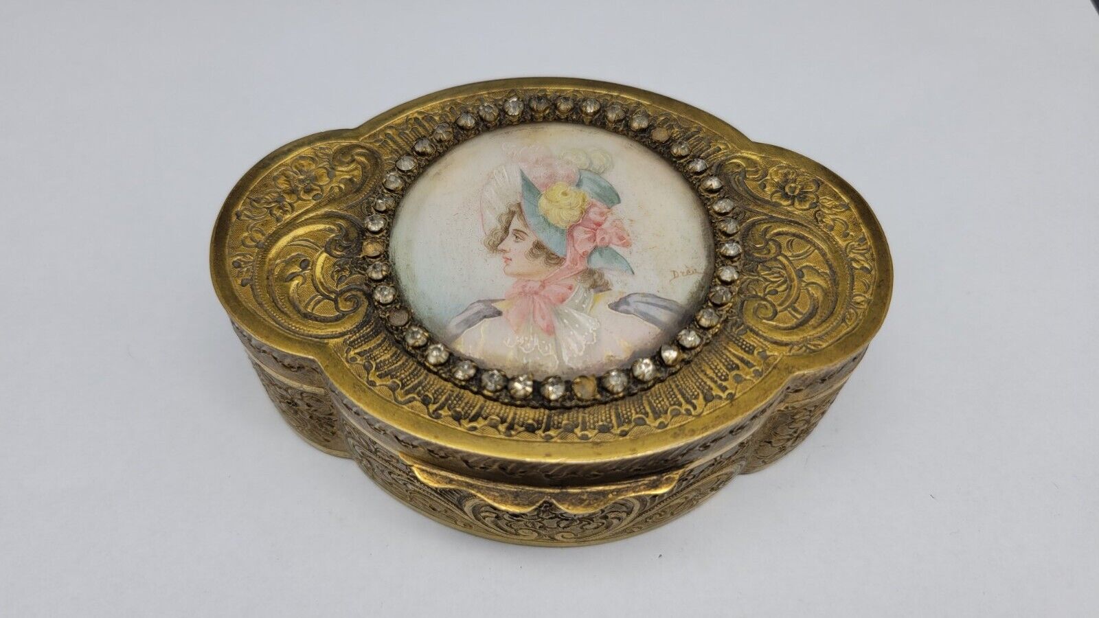 Antique French Gilt Hand Painted Miniature Portrait Trinket Box, Signed