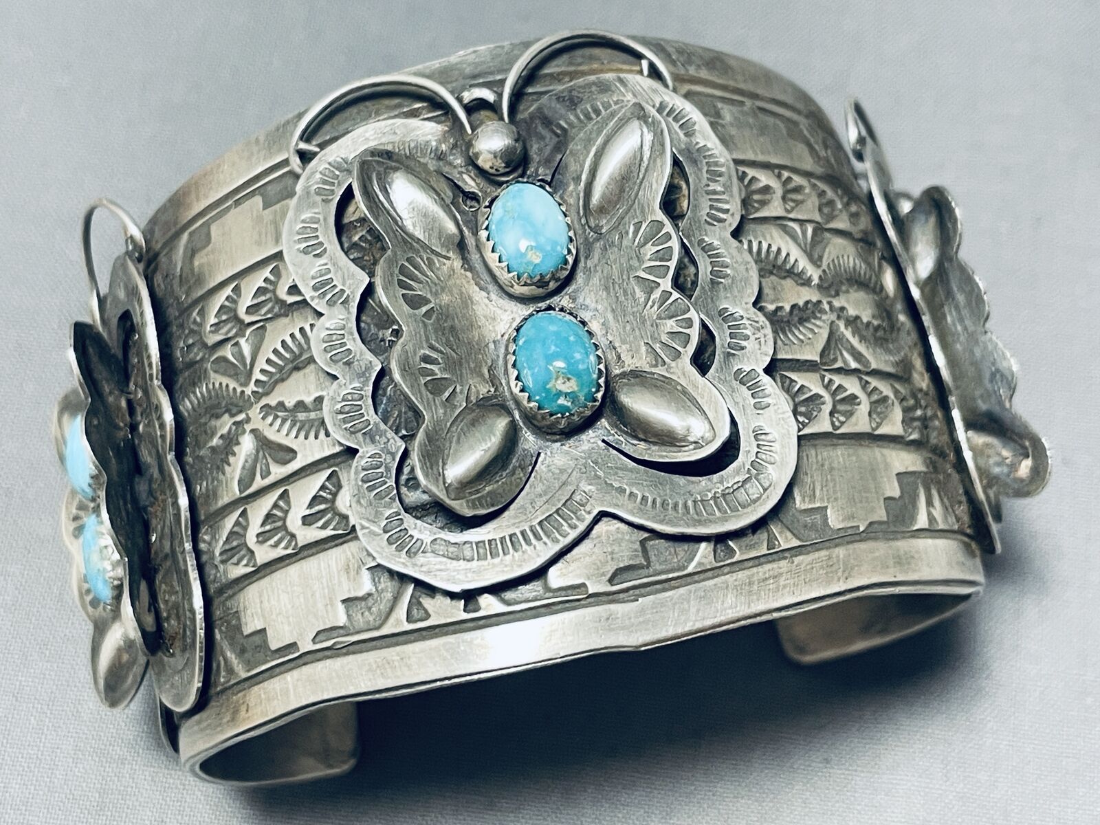 123 GRAM JAW DROPPING NAVAJO TURQUOISE STERLING SILVER BUTTERFLY BRACELET