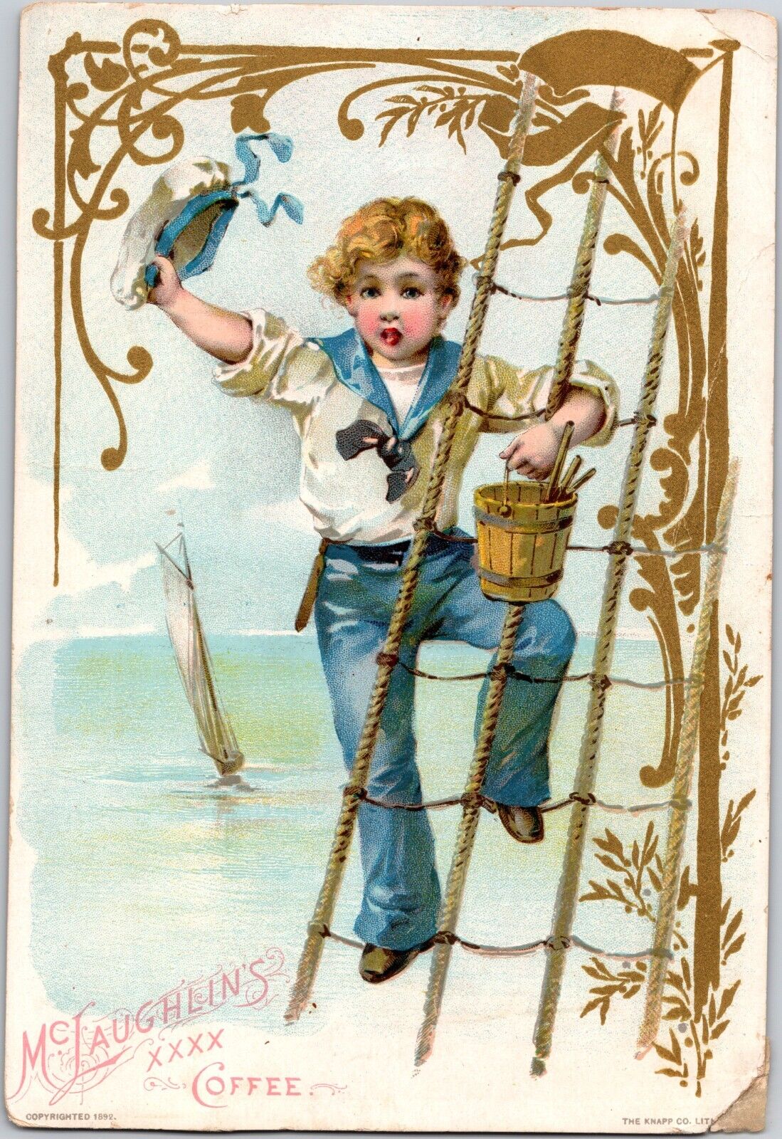 1892 McLaughlin\'s XXXX Coffee Victorian Trade Card Sailor Boy Kid Sailboat