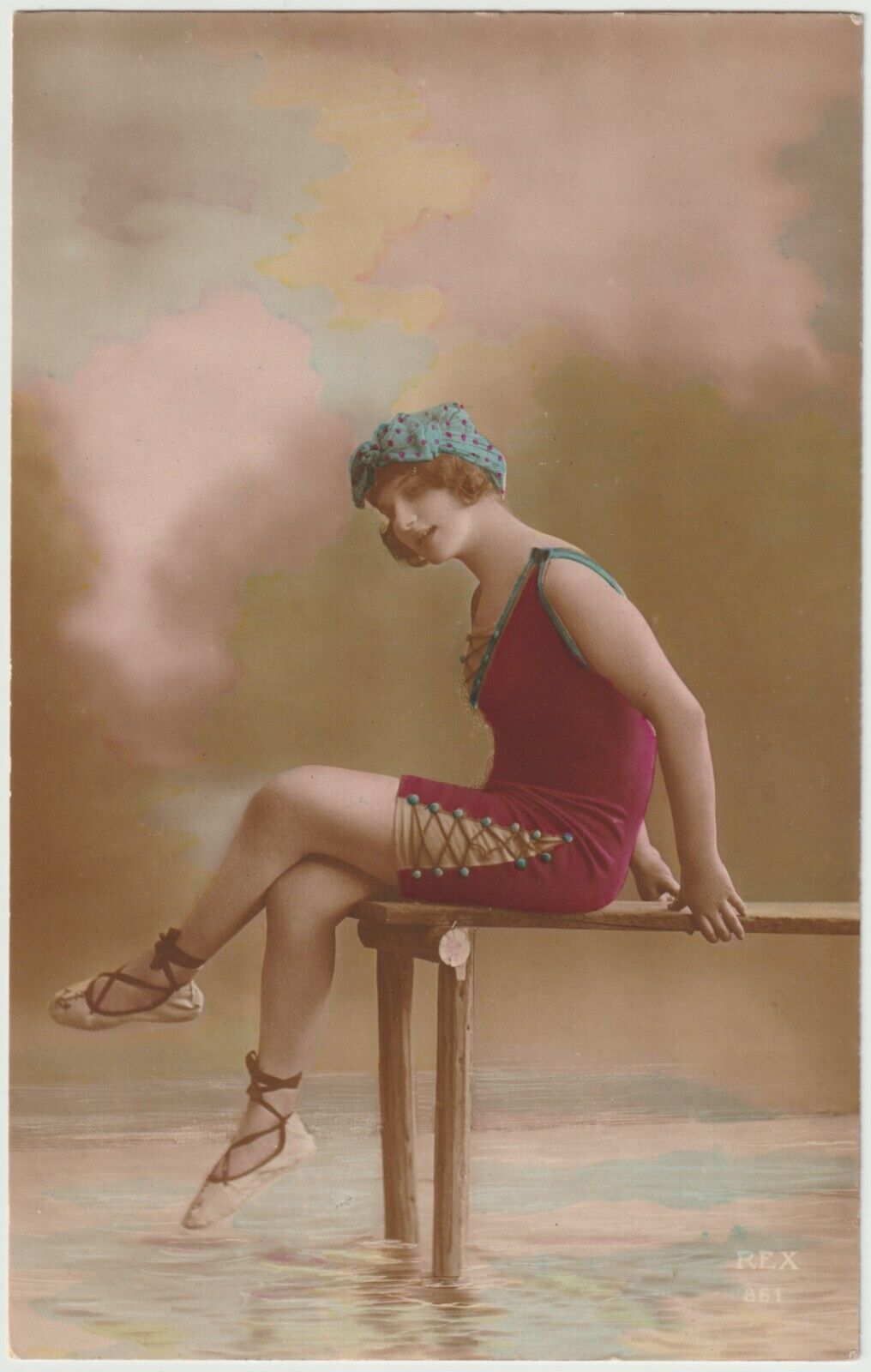 Rare French hand tinted real photo postcard bathing beauty risque 1920 RPPC #922