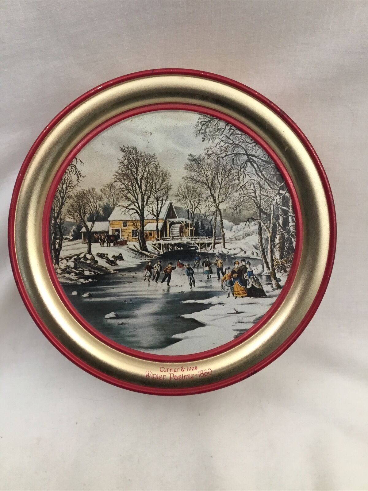 Vintage Currier & Ives Metal Cookie Tin Box Winter Pastime 1860 10\