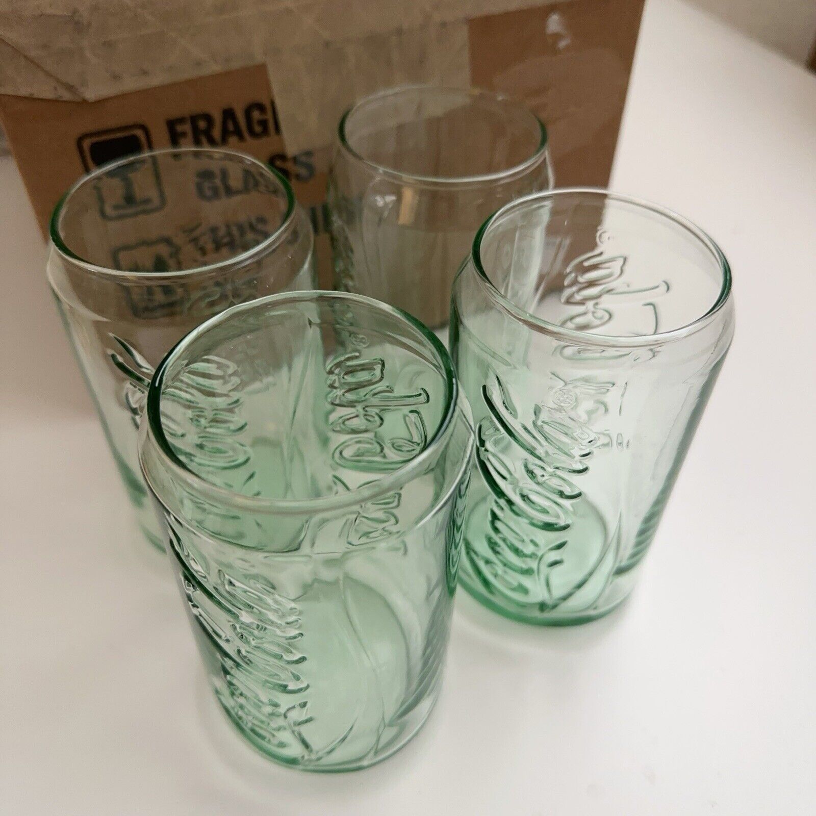 Set of 4 Coca Cola Coke Green Can Shaped Glasses 12oz New in Box