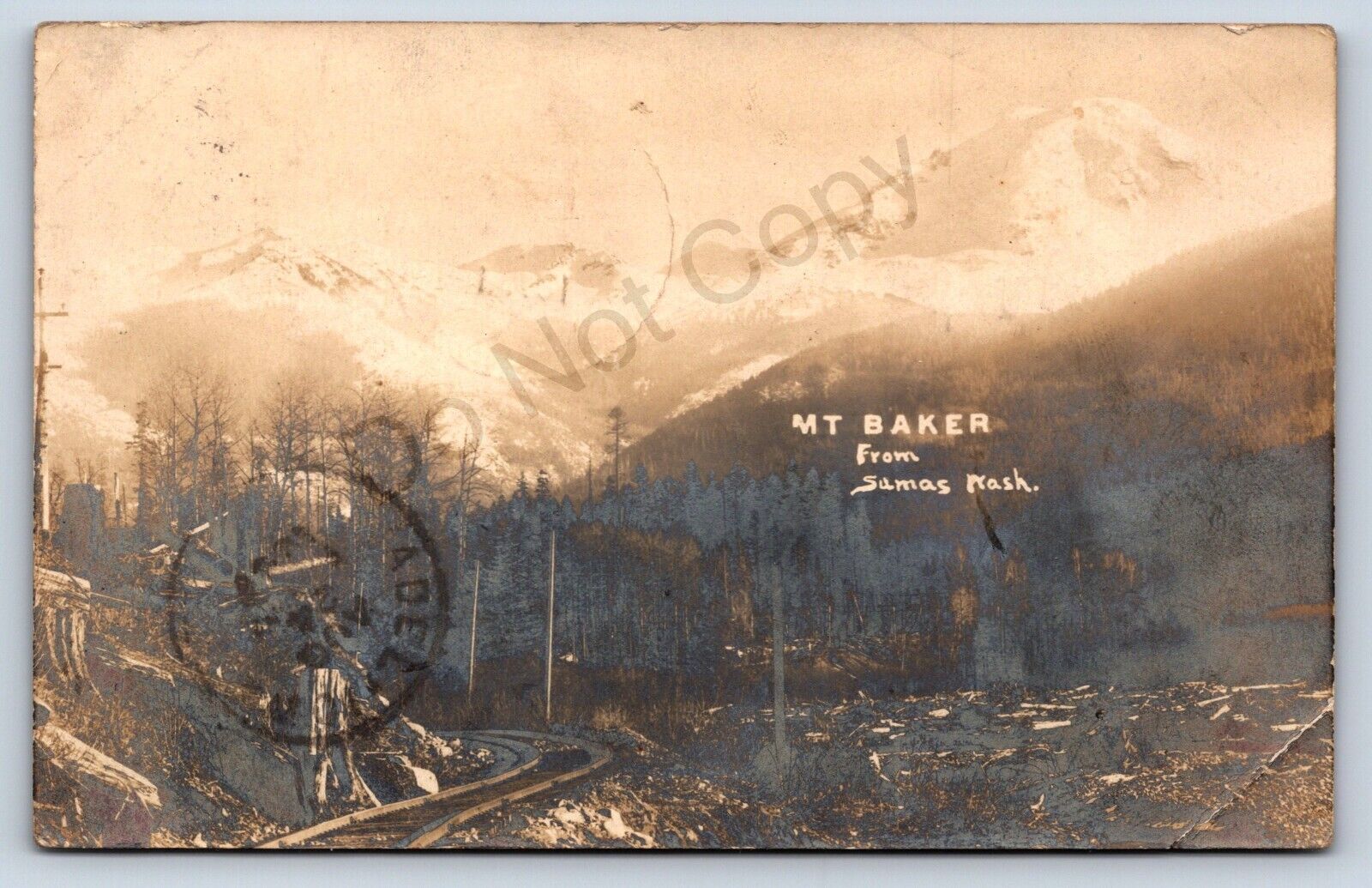 Postcard WA Sumas RPPC Mt Baker Snow Covered Railroad Rustic Lumber c1907 L1