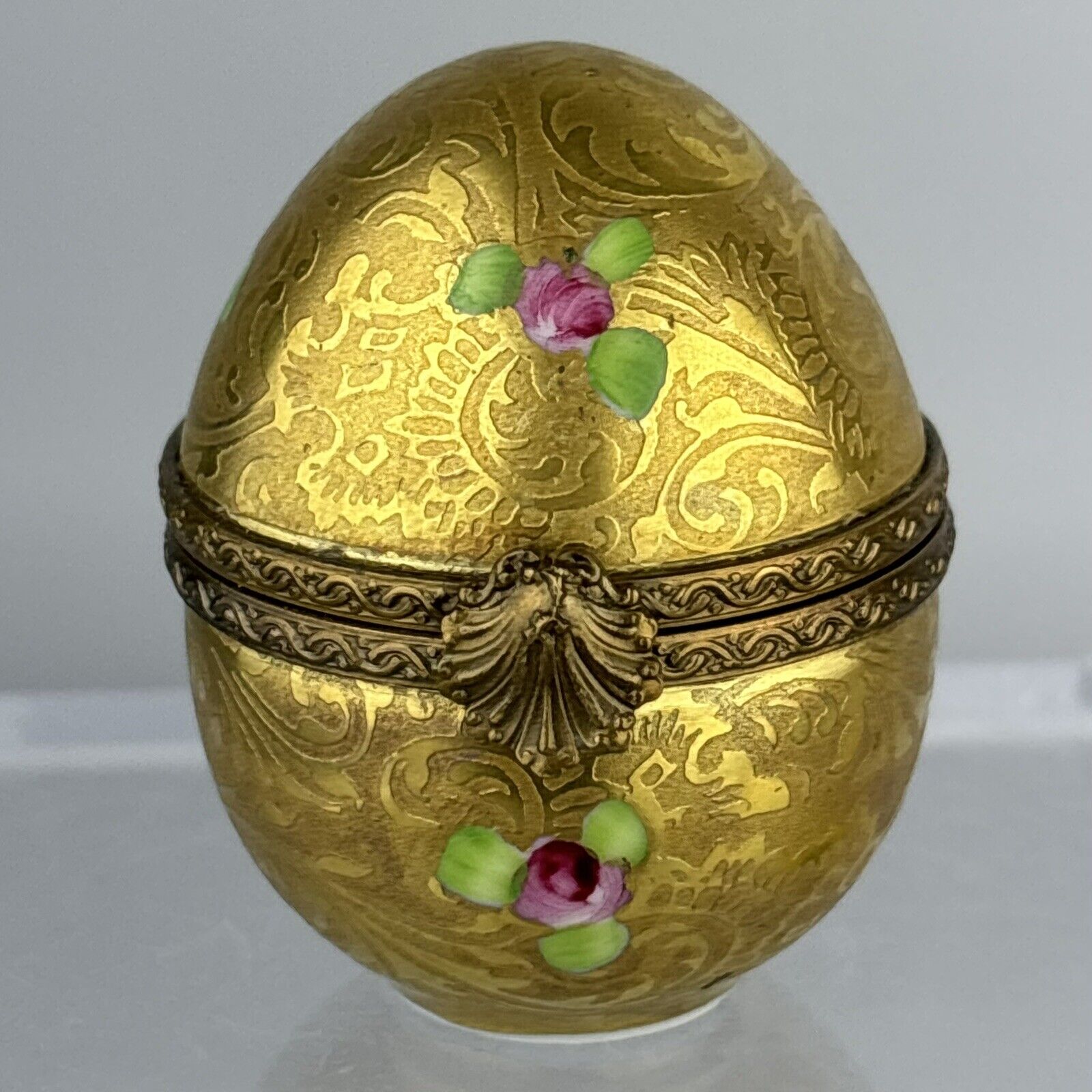 Limoges JD Dumont Peint Main France Egg Gilted Gold Flowers Trinket Box 2”