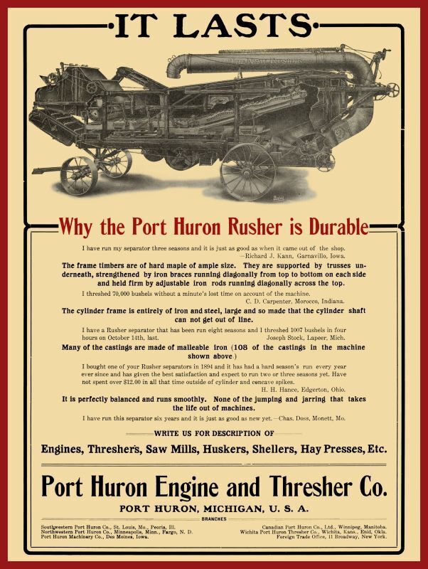 1906 Port Huron Engine & Thresher Co. NEW Metal Sign: PH Rusher, PH, Michigan