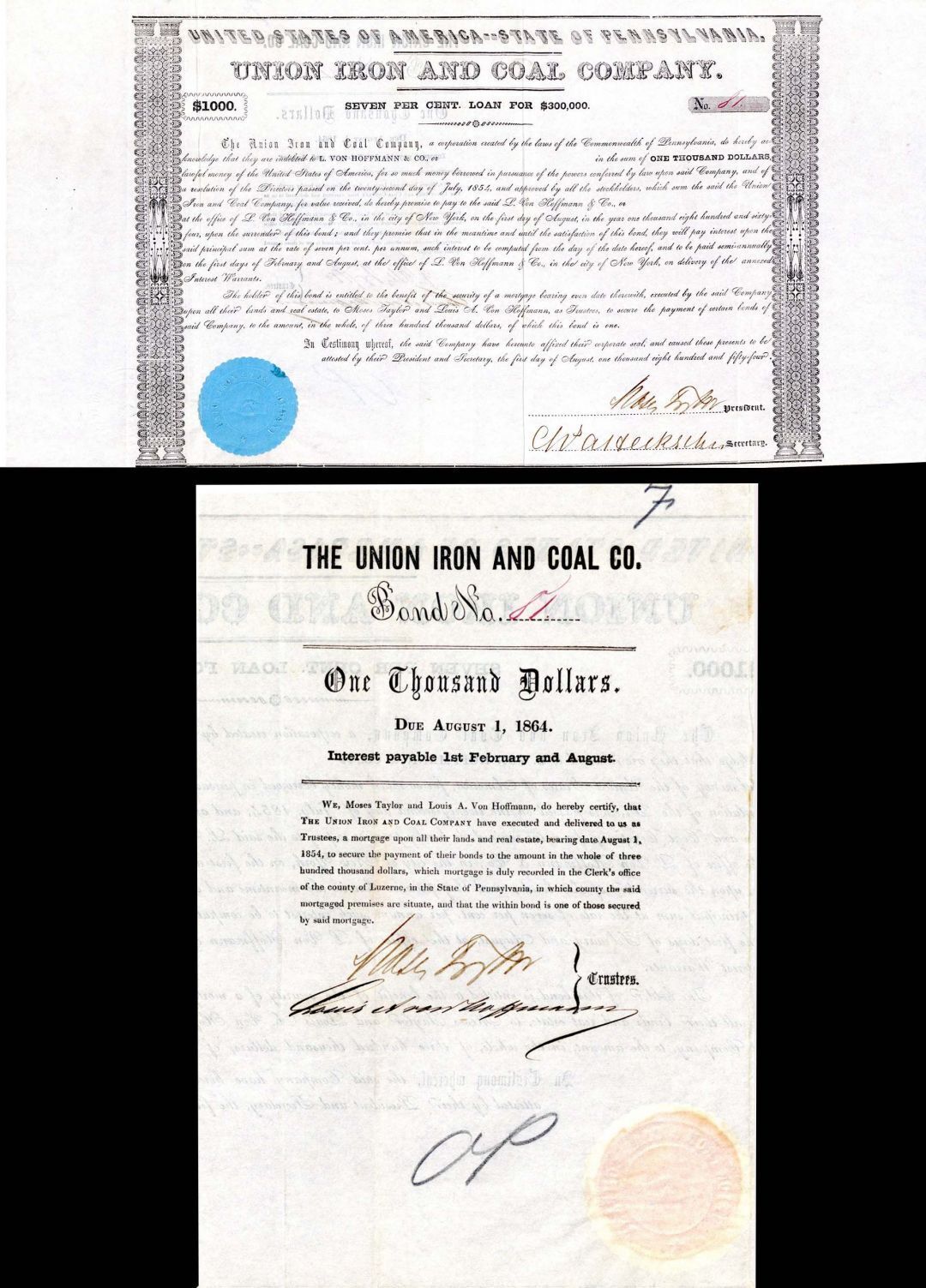 Moses Taylor signed Union Iron and Coal Co. - Bond (Uncanceled) - Mining Bonds