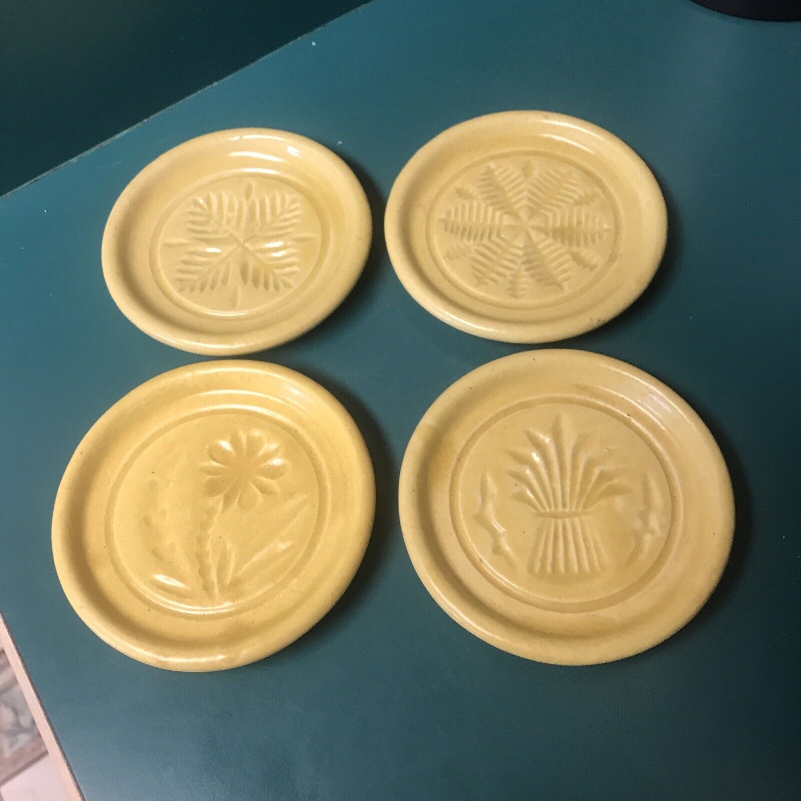Vintage 4 Yellow Coasters with designs Pigeon Forge Pottery-3 1/2” wide