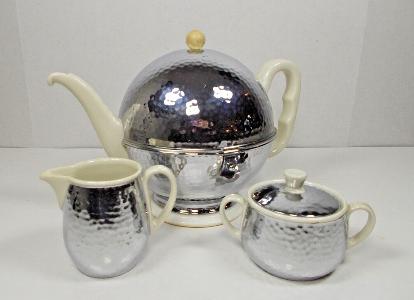 Vintage Bauscher-Lizenz Hammered Siiverplate Porcelain Tea Pot & Sugar, Creamer