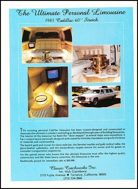 1985 Cadillac 60 inch Limousine Original Advertisement Print Art Car Ad J770A
