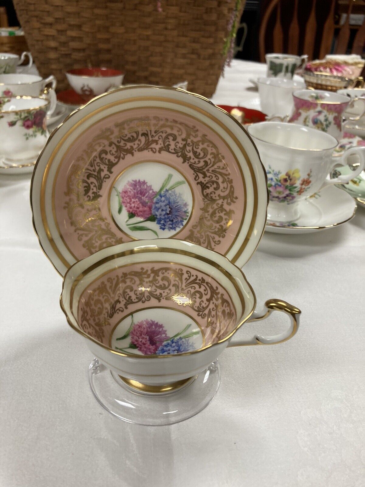 Paragon Vintage Teacup and Saucer Corn Flowers Gold and Beautiful Pink