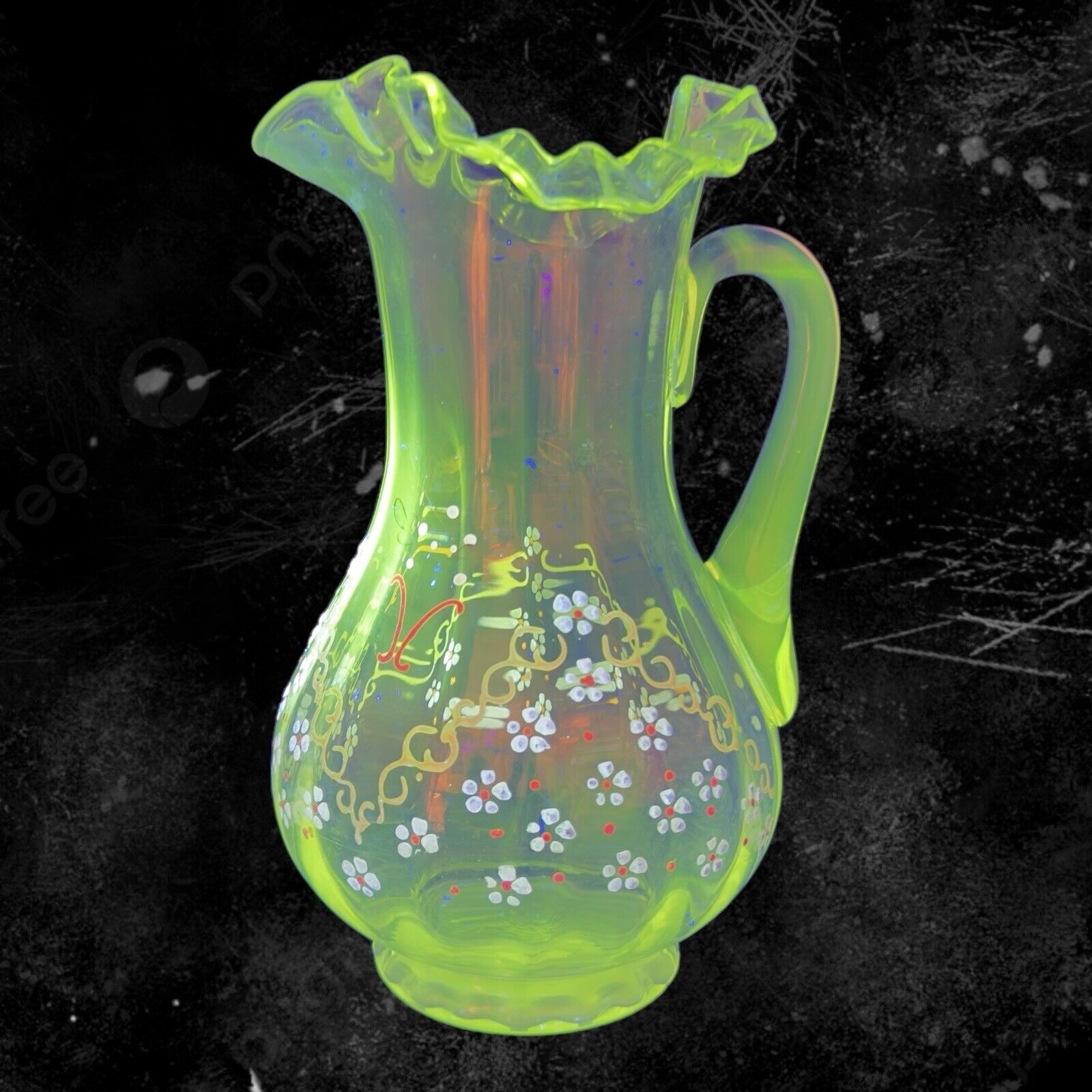 Antique Victorian Clear Pitcher Carafe Raised Flowers Manganese 365nm UV Glow