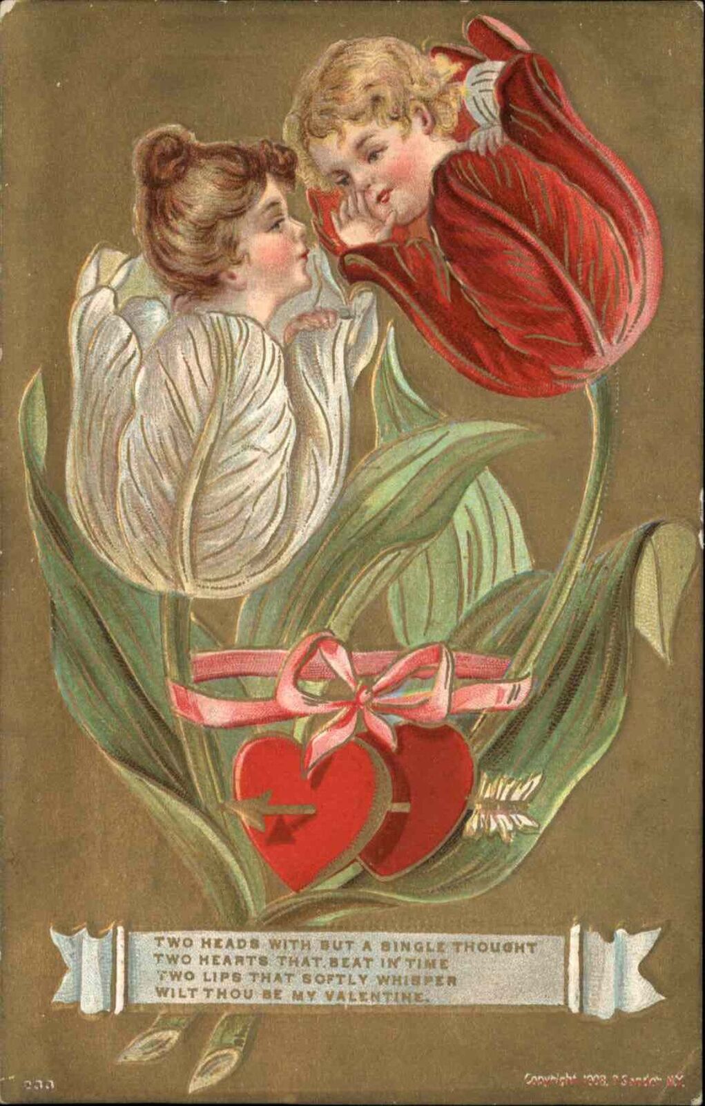 Valentine Fantasy Tulip Children Flower Head Children c1910 Vintage Postcard