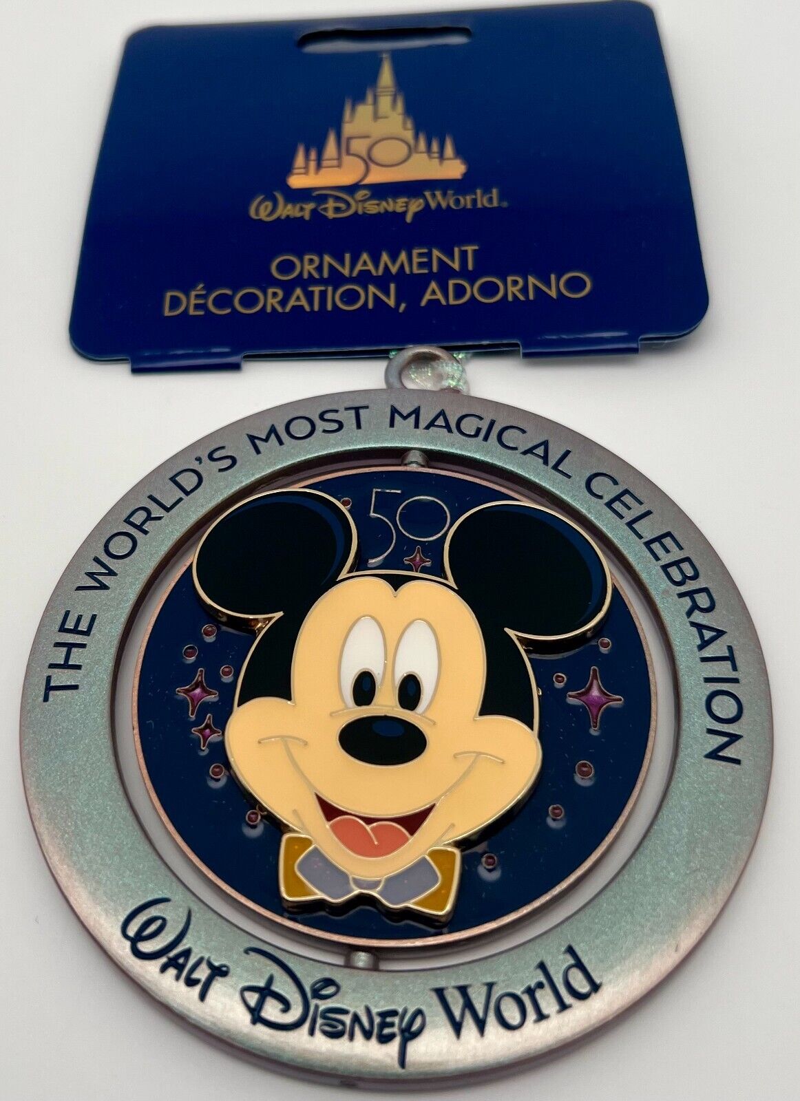 DISNEY PARKS DISNEY WORLD 50TH ANNIVERSARY MICKEY MOUSE METAL SPIN ORNAMENT NEW