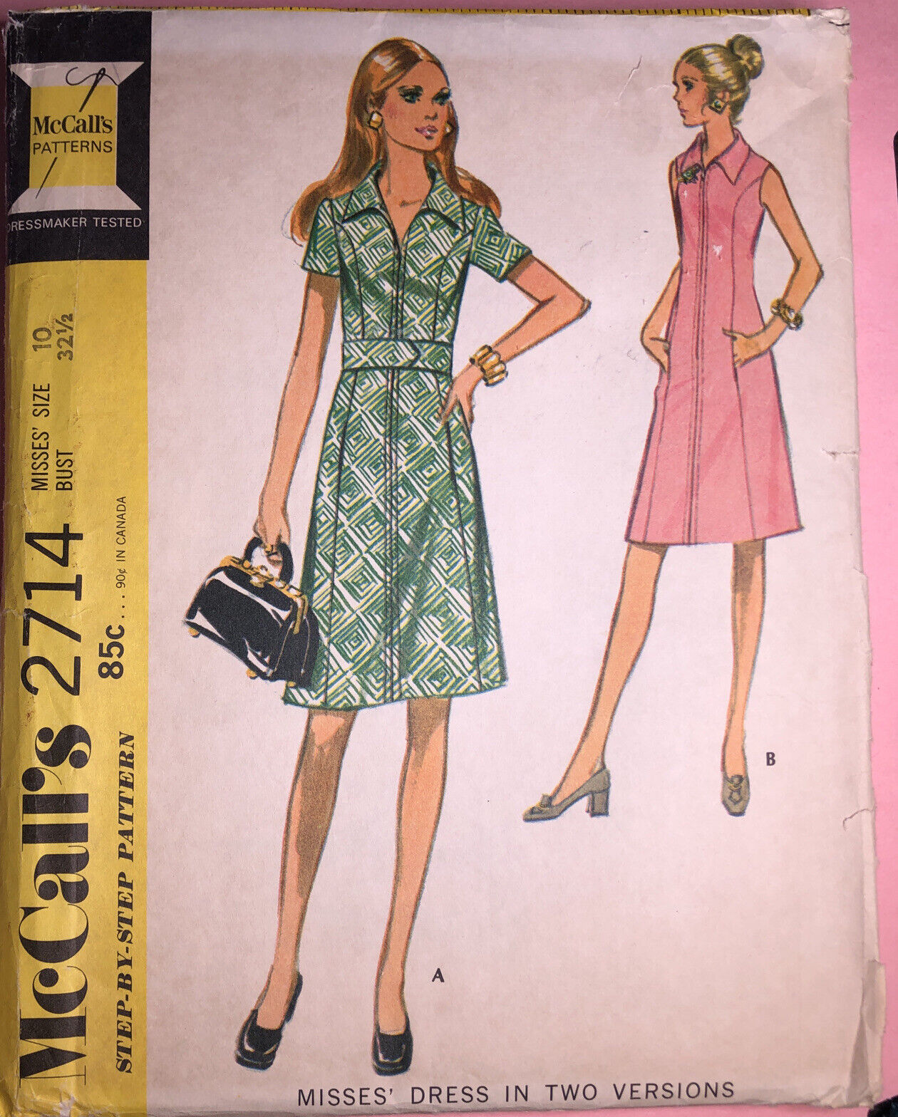 Vintage 1971 McCall’s Sewing Pattern 2714  Front-Zip Dress & Belt SZ 10 Uncut FF