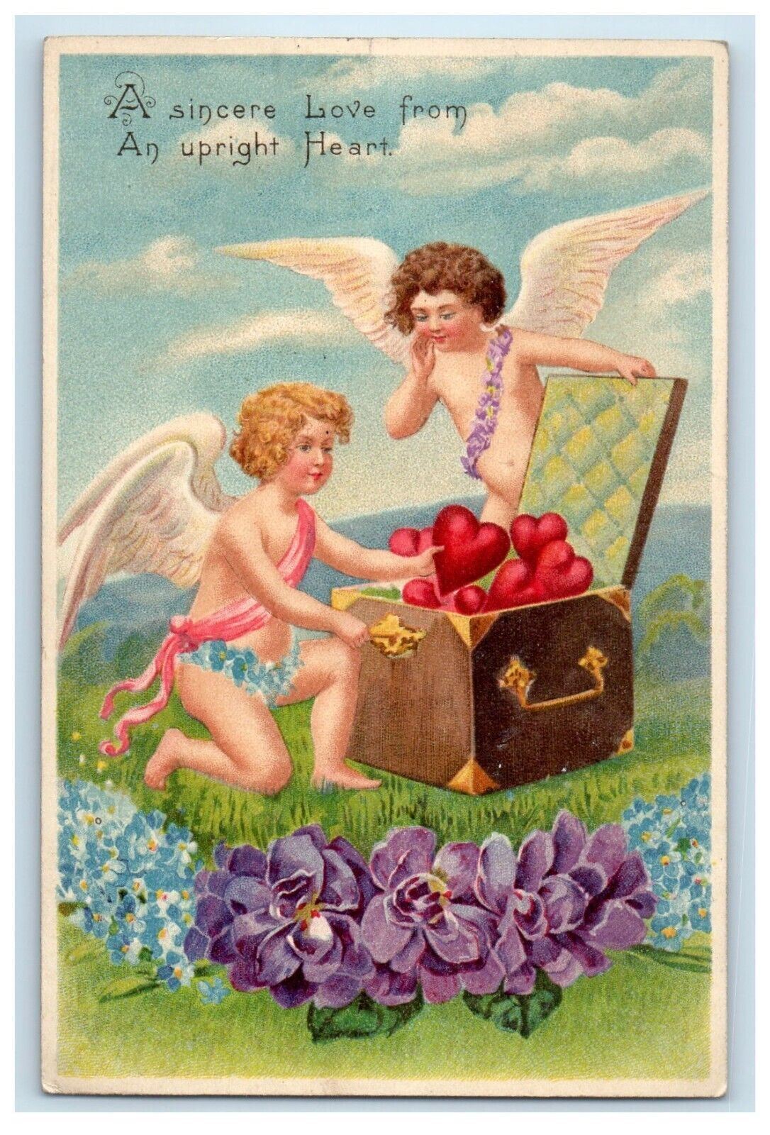 1908 Valentine Two Cherub Angels Hearts In Box Pansies Flowers Antique Postcard