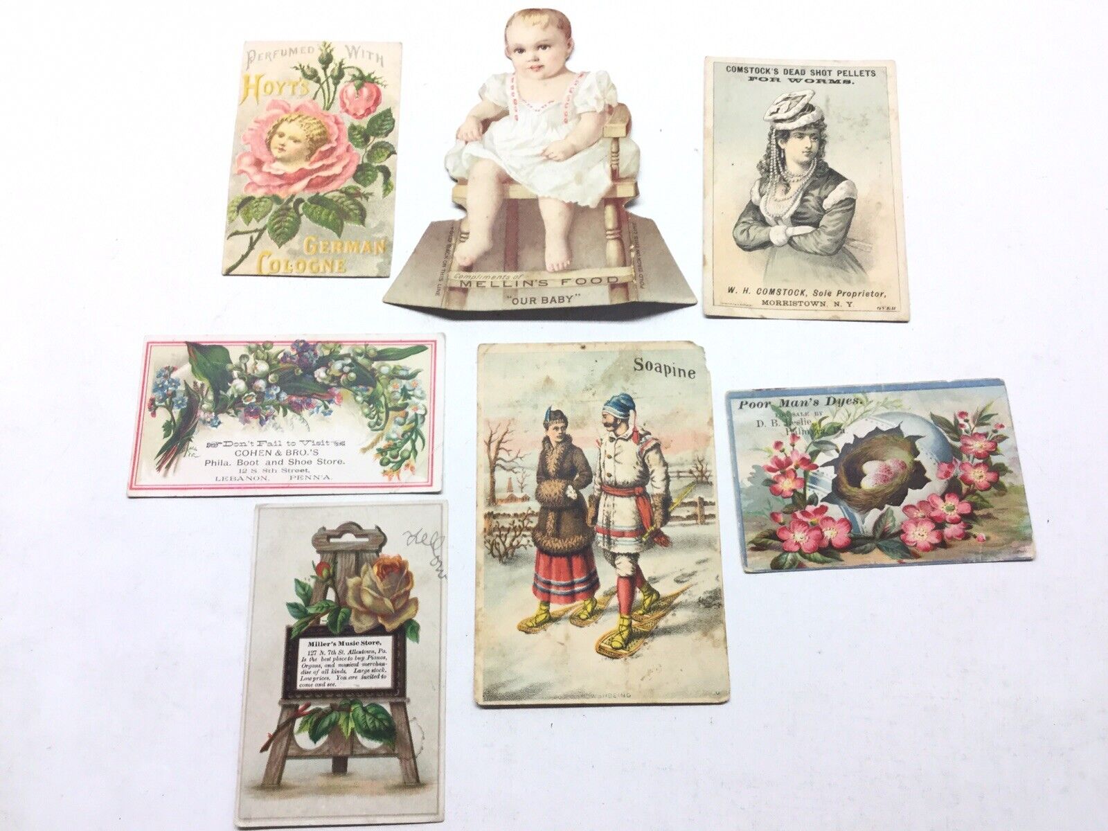 (7) Victorian Trade Cards Soapine Mellins Hoyt’s Comstock
