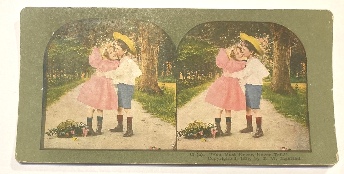 Antique Stereoview Card No 12 You Must Never Never Tell. Green Border